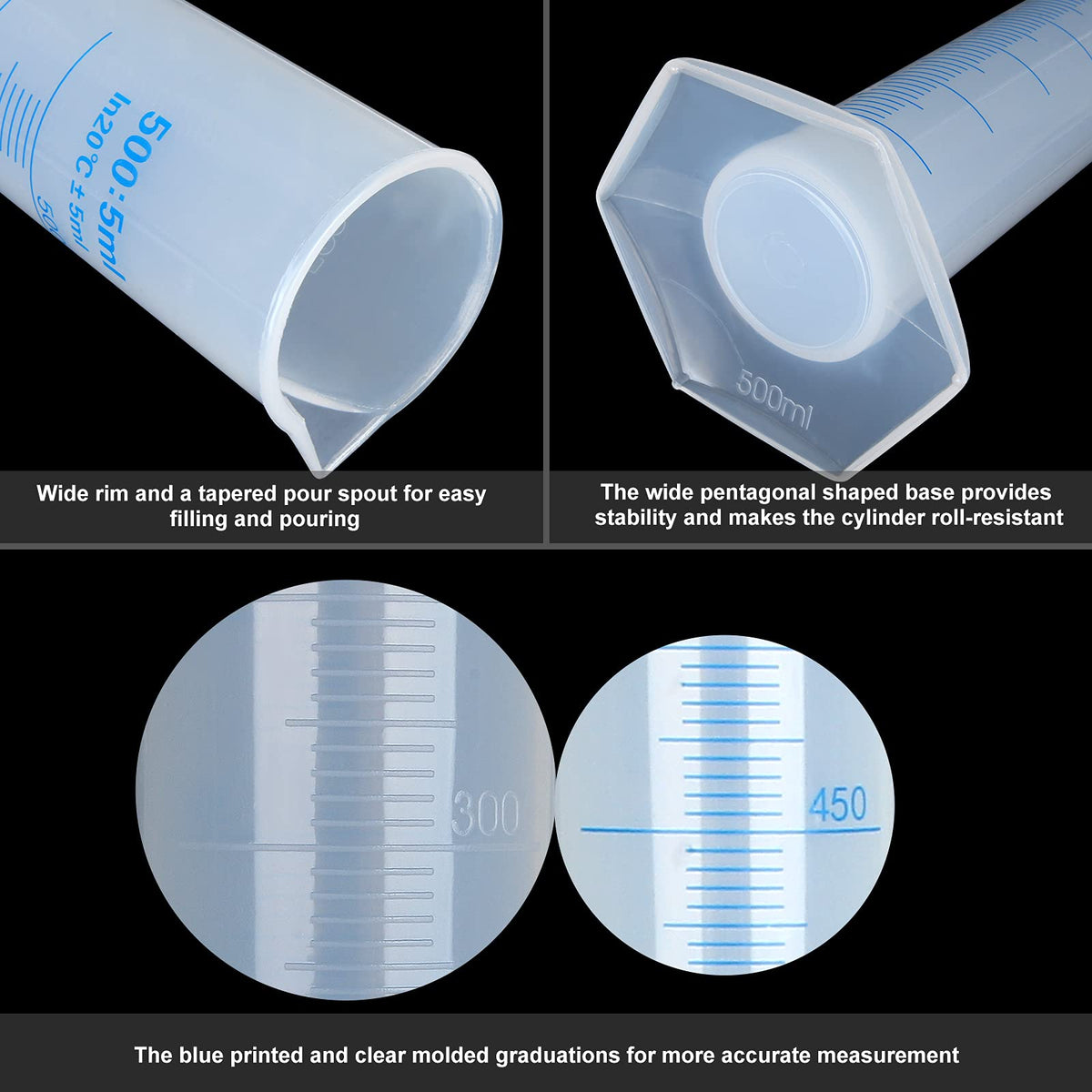 HNBun 4 Pack 500 ML Plastic Graduated Cylinders with Pour Spout