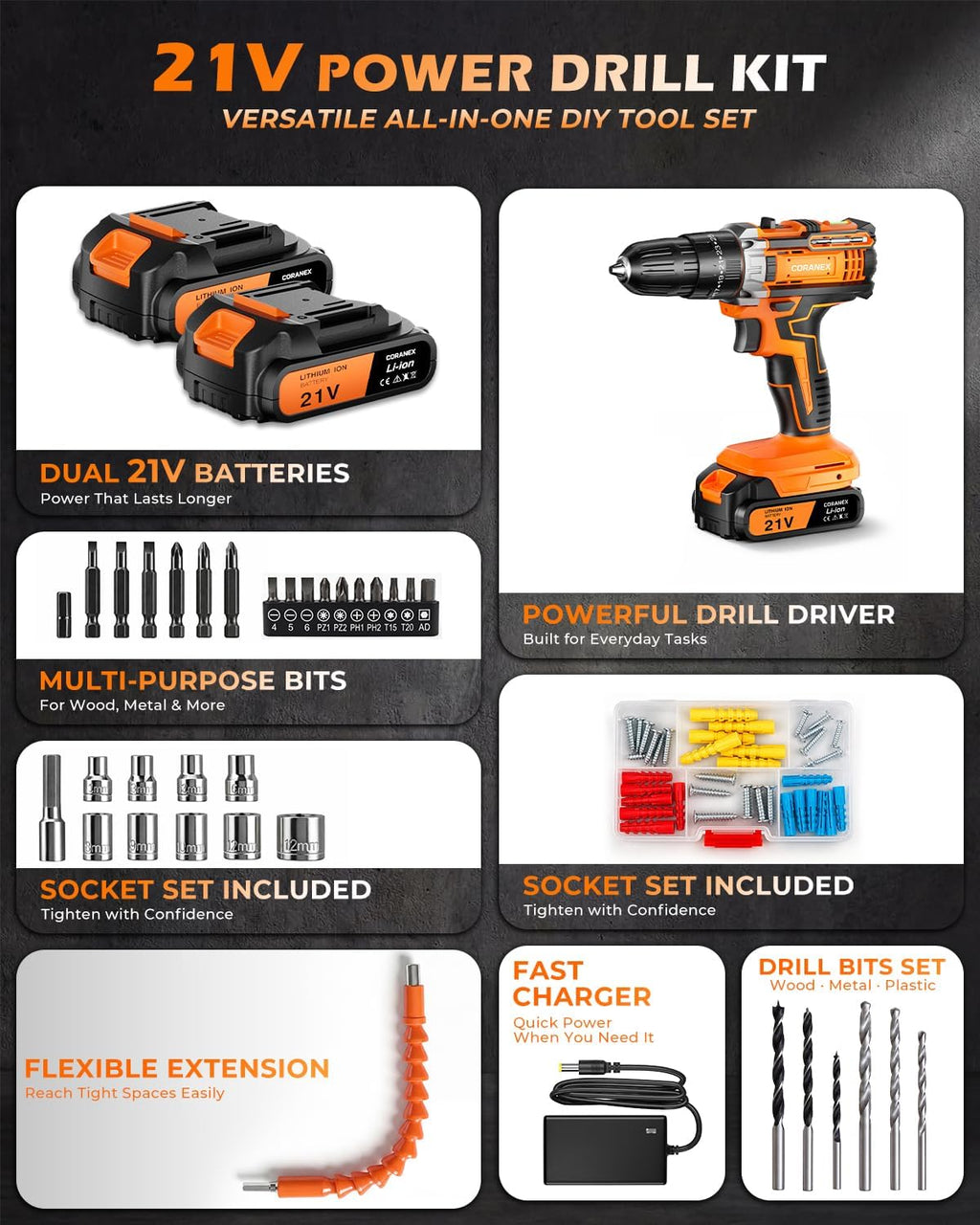 21V Cordless Drill Set with Case | Easy to Control & Lightweight | 2 Batteries | 3/8" Keyless Chuck