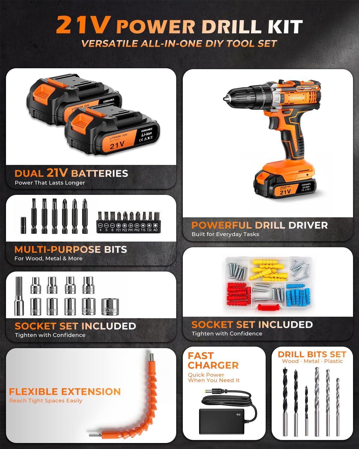 21V Cordless Drill Set with Case | Easy to Control & Lightweight | 2 Batteries | 3/8" Keyless Chuck