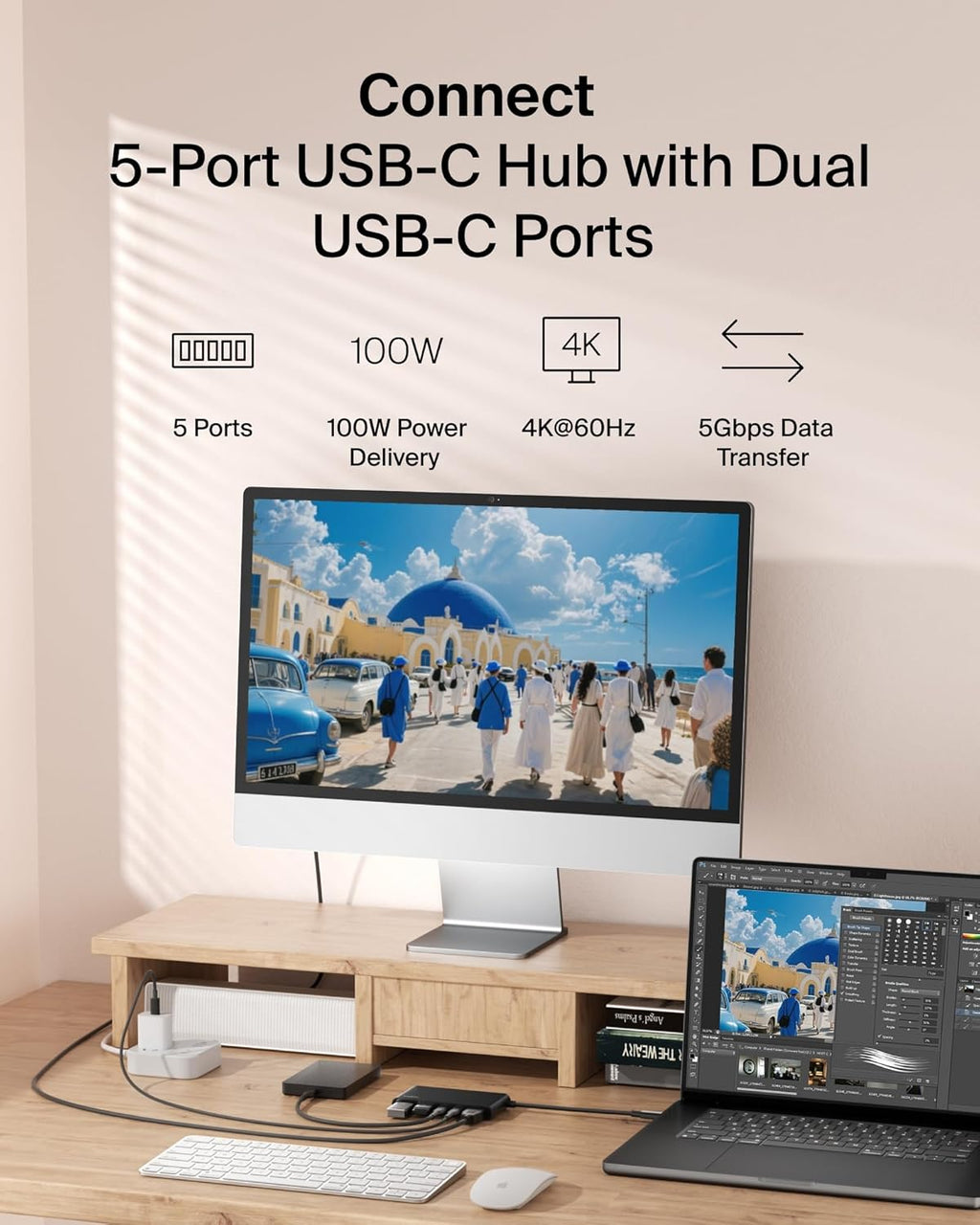 USB C Hub, 5-Port Hub with 4K HDMI Display @ 60Hz, 100W Power Delivery, Fast Data Transfer 5Gbps, USB C Multiport