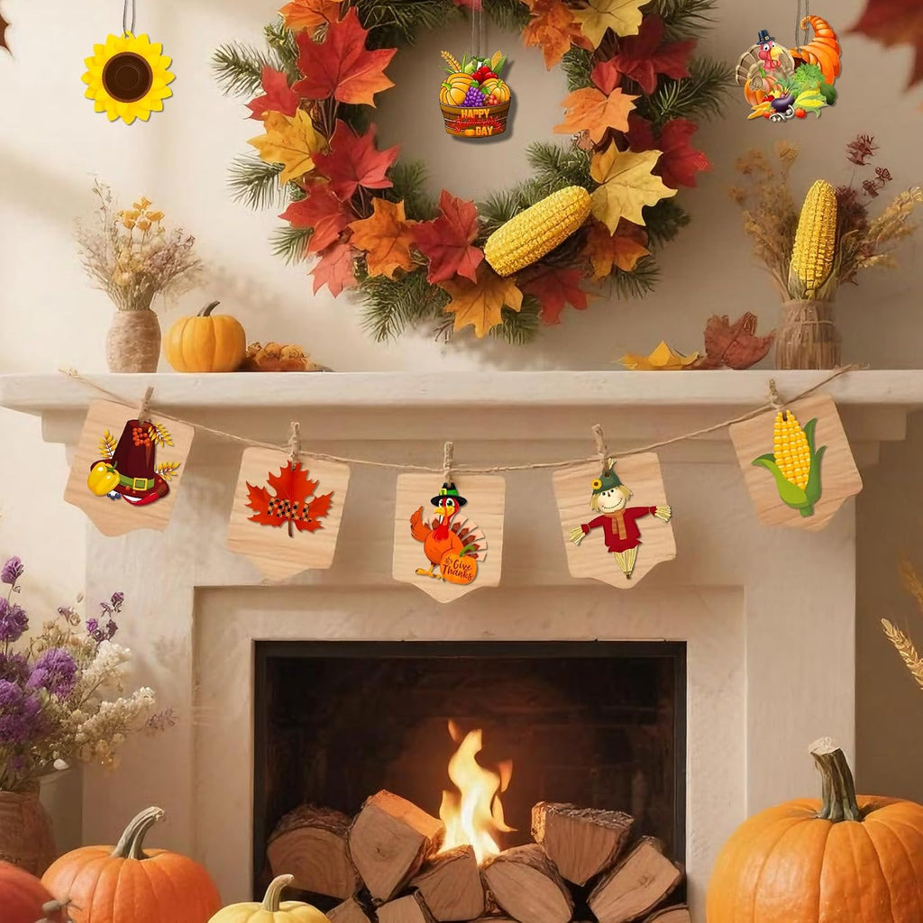 Fall Decor Indoor, 24 PCS Wooden Thanksgiving Hanging Decorations | Rustic Turkey, Scarecrow, Pumpkin & Basket, 8
