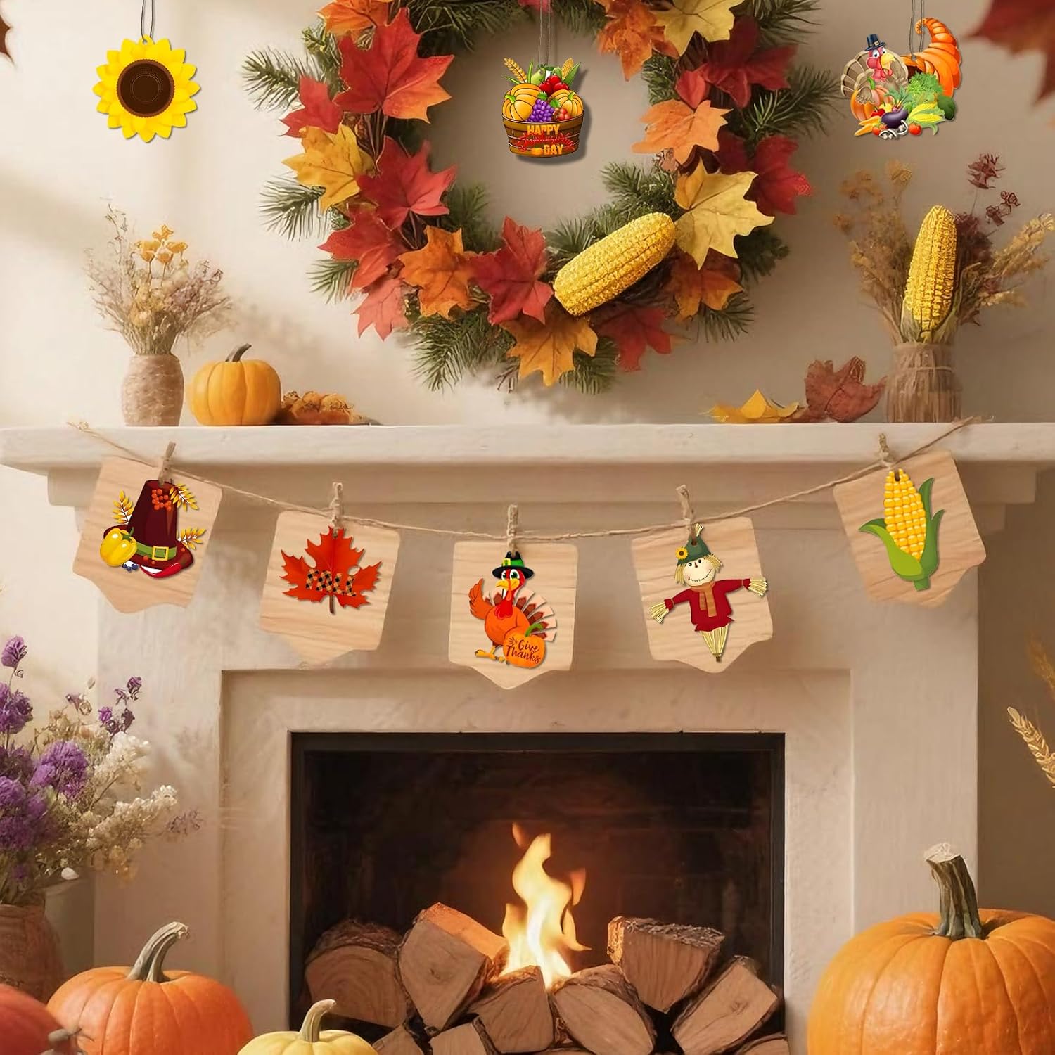 Fall Decor Indoor, 24 PCS Wooden Thanksgiving Hanging Decorations | Rustic Turkey, Scarecrow, Pumpkin & Basket, 8