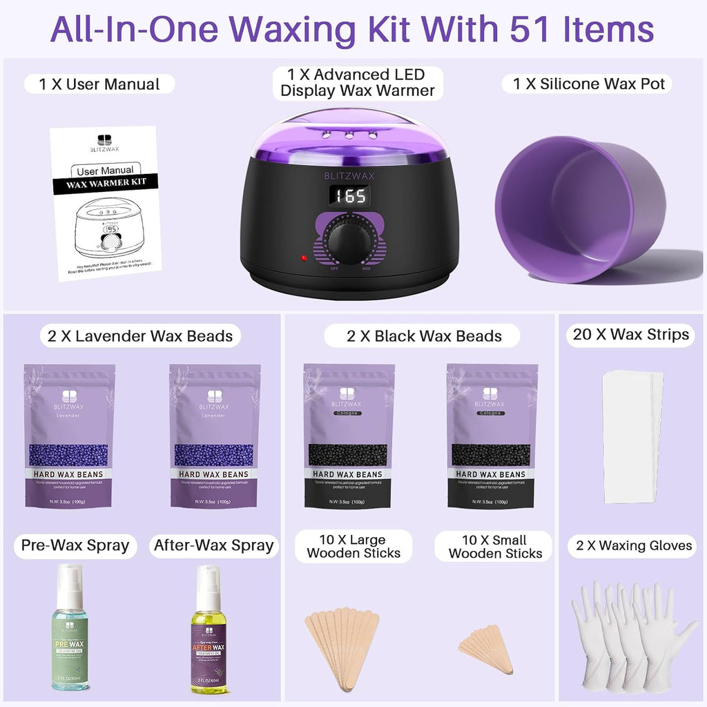 Waxing Kit for Women, Hard Wax Warmer, Brazilian Bikini Face Body | 51 Items, Digital Fast Heating, Legs Underarms