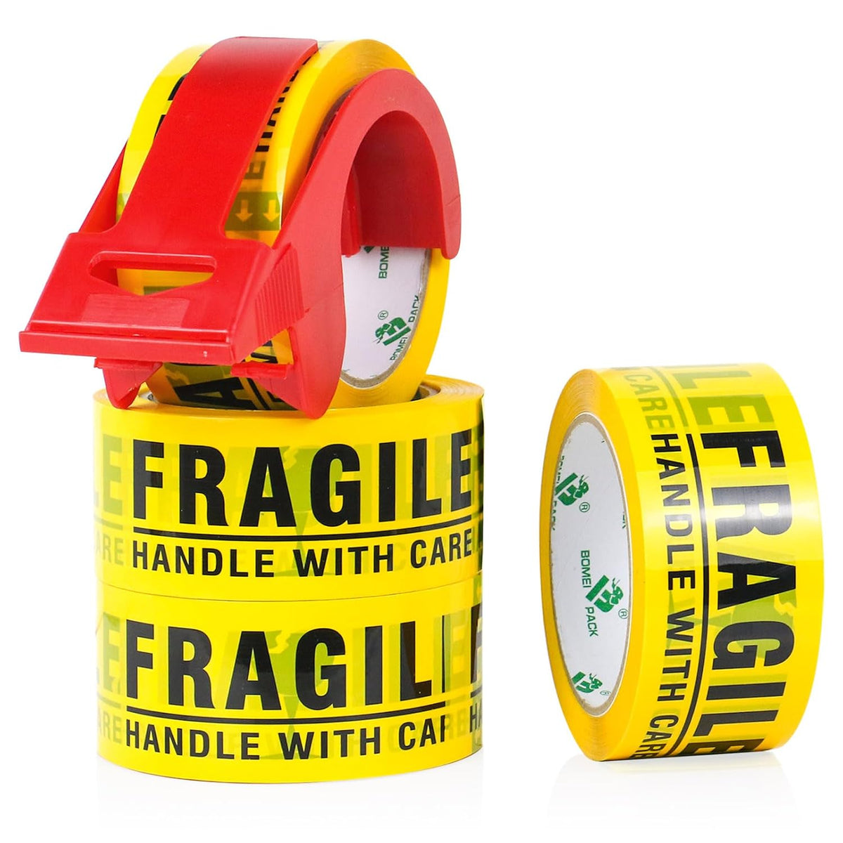 Fragile Tape 2 Inch x 180 Feet (60 Yards) 4 Rolls, Yellow Fragiles Tape Handle with Care for Shipping with Dispenser