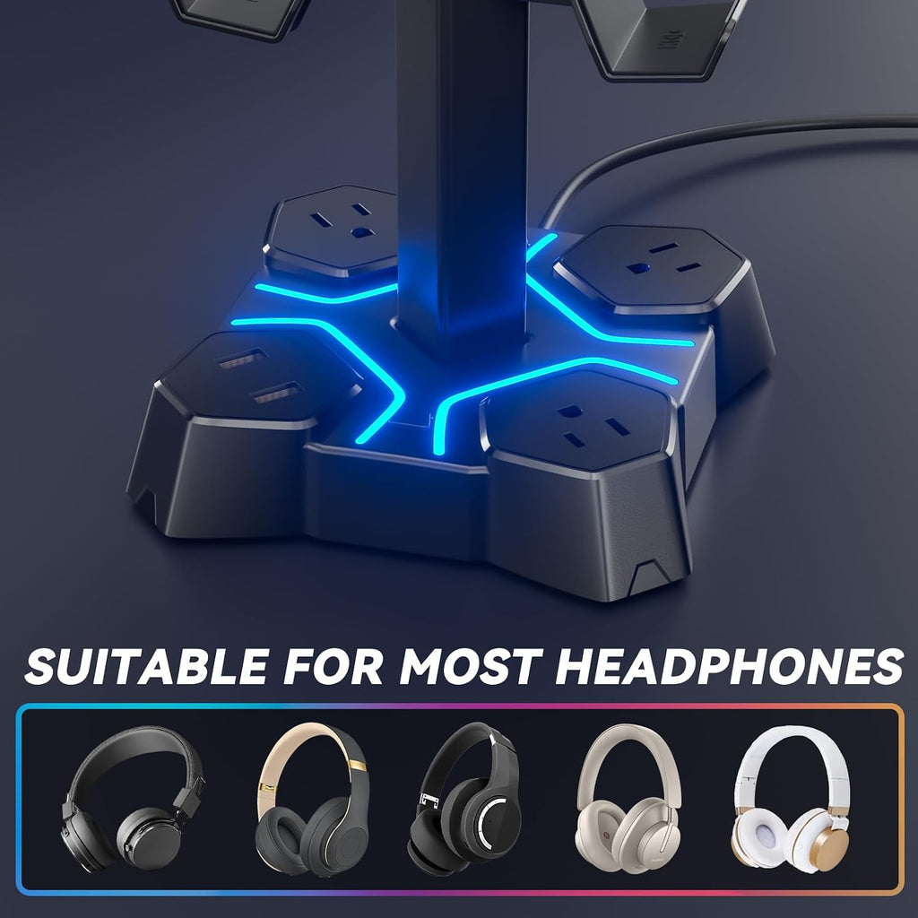 Headphone Stand with USB Charger, Controller Stand for Desk, Headphone Holder with 2 USB Charging Ports and 3 AC