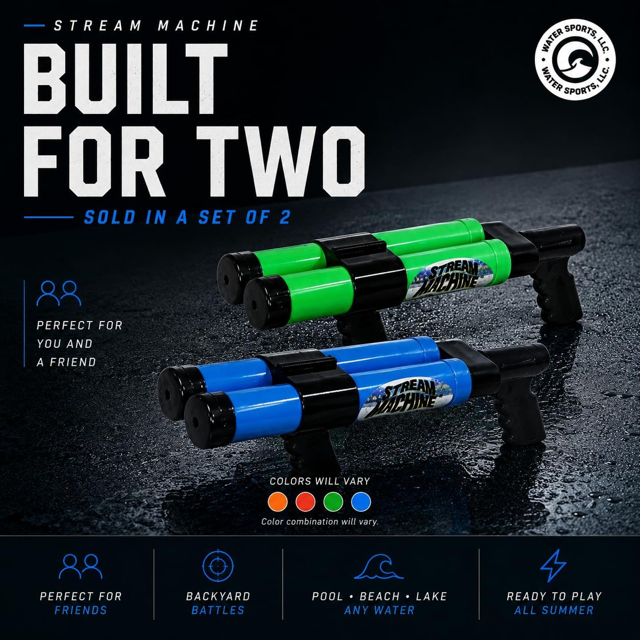 DB-1200 Pack of 2, Double Barrel Long Range Water Launcher | Color Will Vary, Water Gun, Pool Toy, Outdoor Game