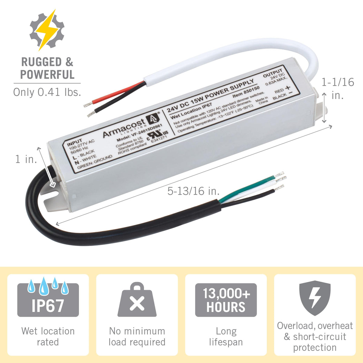 15 Watt Standard Wet Location LED Driver 24V DC 850150