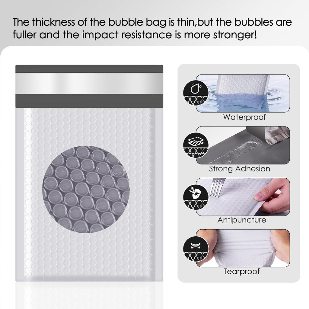 Bubble Mailers 4x8" 50 Pack Grey and White Padded Envelopes Mailers Waterproof Usable Size 4x7 Self-Seal Padded