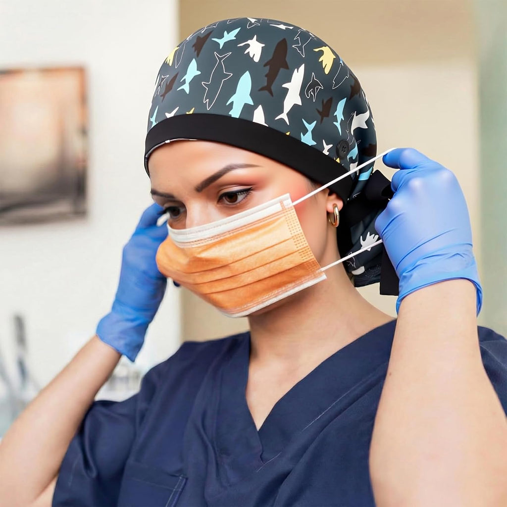 2 Pcs Ponytail Scrub Caps Women Long Hair Nurse Scrub Hats with Scrunchies Ribbon Lace-Up Scrub Cap for Women