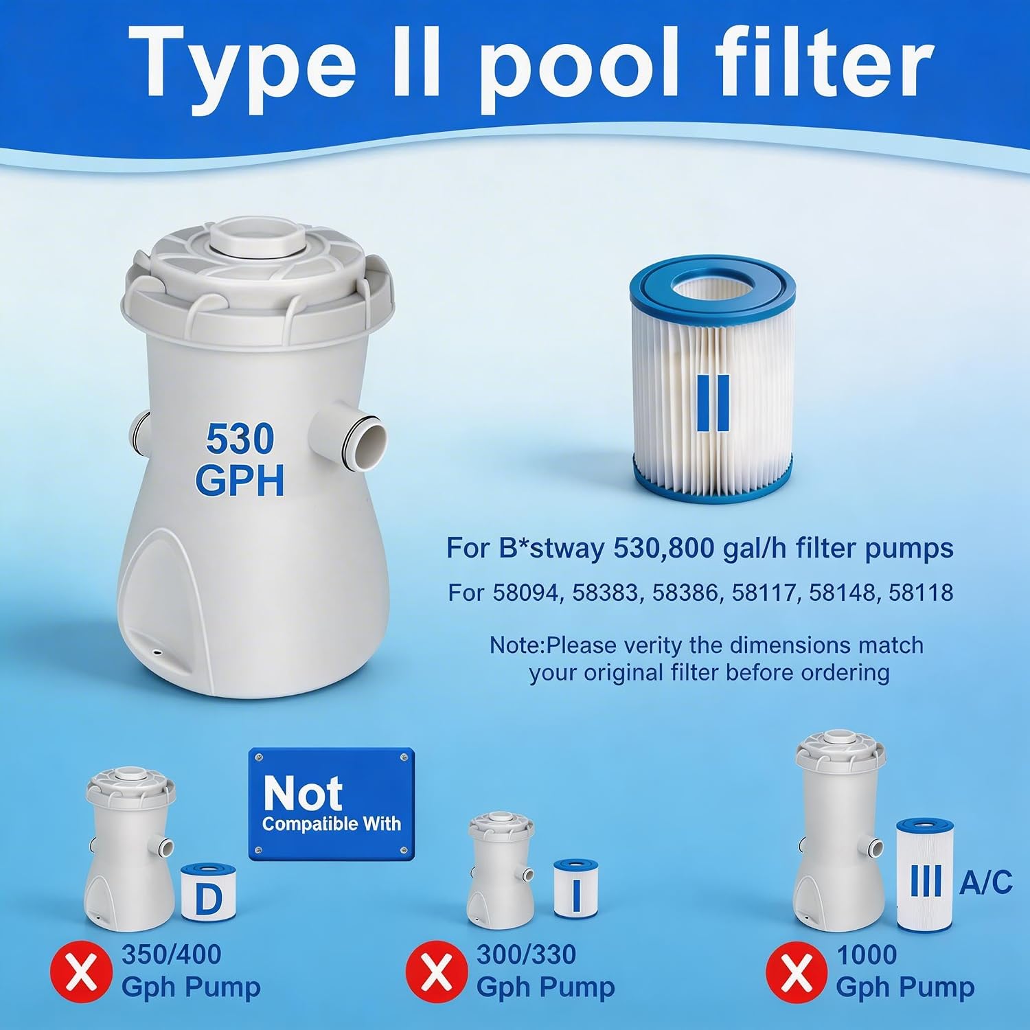 4 Pack Type II Pool Filter Cartridge Replacement, High-Efficiency Filter for 58094 Pumps, Compatible with Lay-Z-Spa