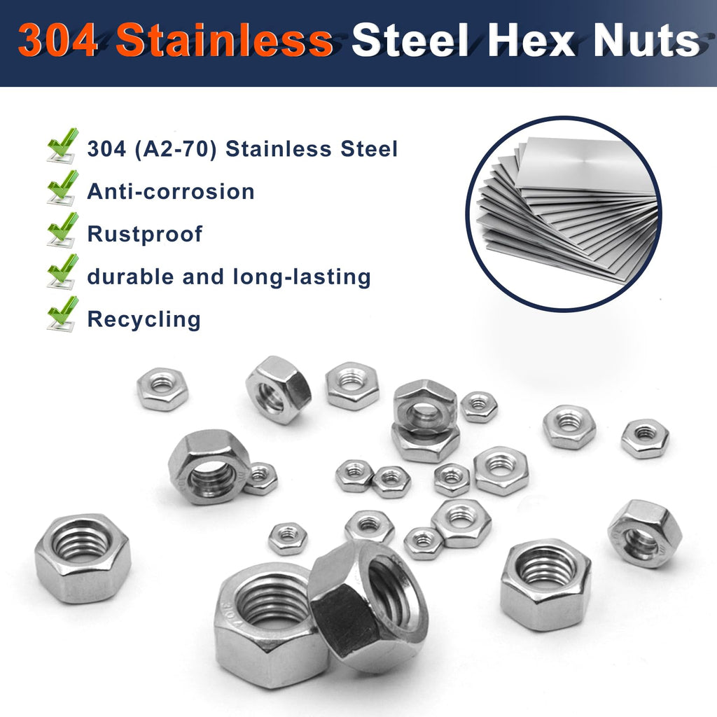 510 Pcs SAE & Metric Hex Nut Assortment Kit;304 Stainless Steel Nut Set