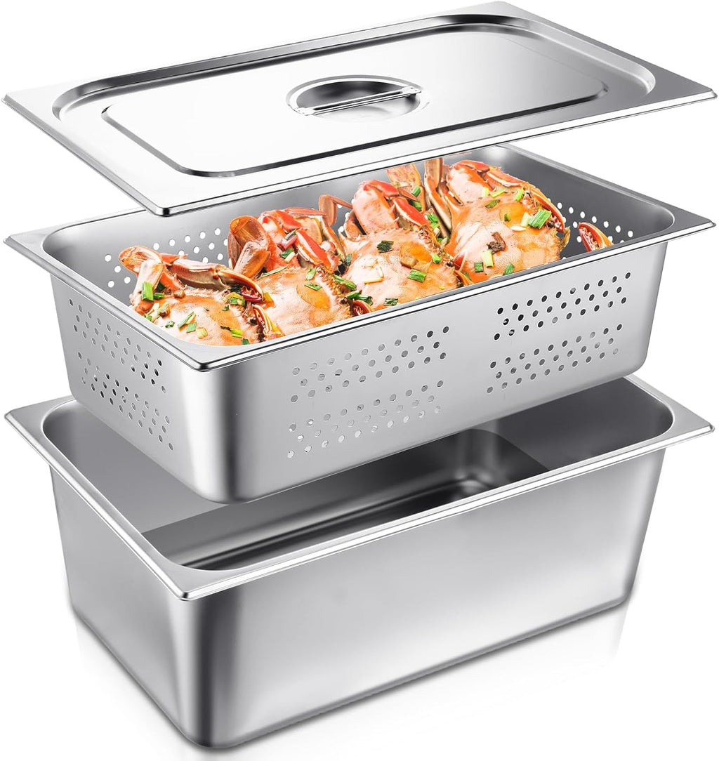 3 Pack Full Size Hotel Pan with Lid, 6 Inch, 8 Inch