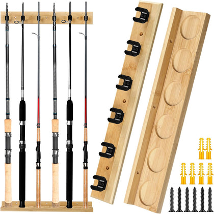Wall Mounted Fishing Rod Holder Wooden Vertical Fishing Rod Rack Fishing Pole Holders for Garage Holds up to 6 Rods