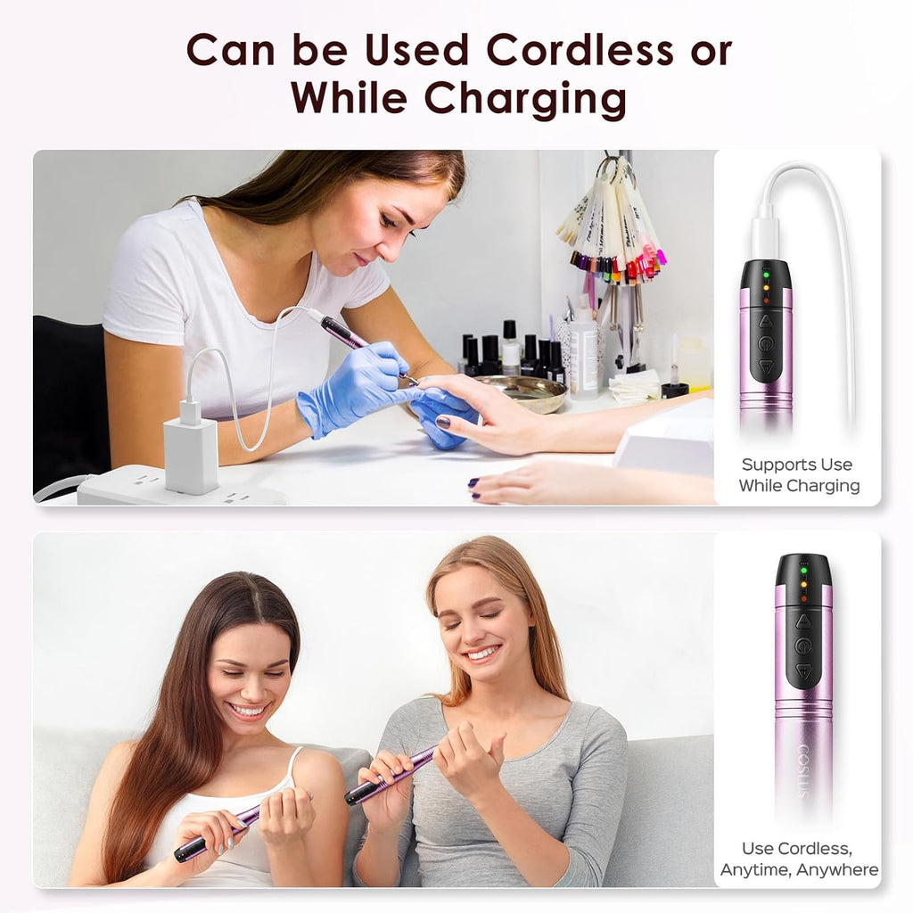 C20 Cordless Nail Drill Electric File: Professional for Acrylic Gel Dip Powder Nails, Portable All-in-One Nail Drill