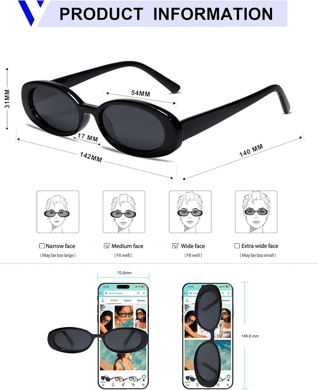 Polarized Retro Oval Sunglasses for Women Men Small 90s VL9580 | Narrow Trendy Vintage Shades for Everyday Outfits