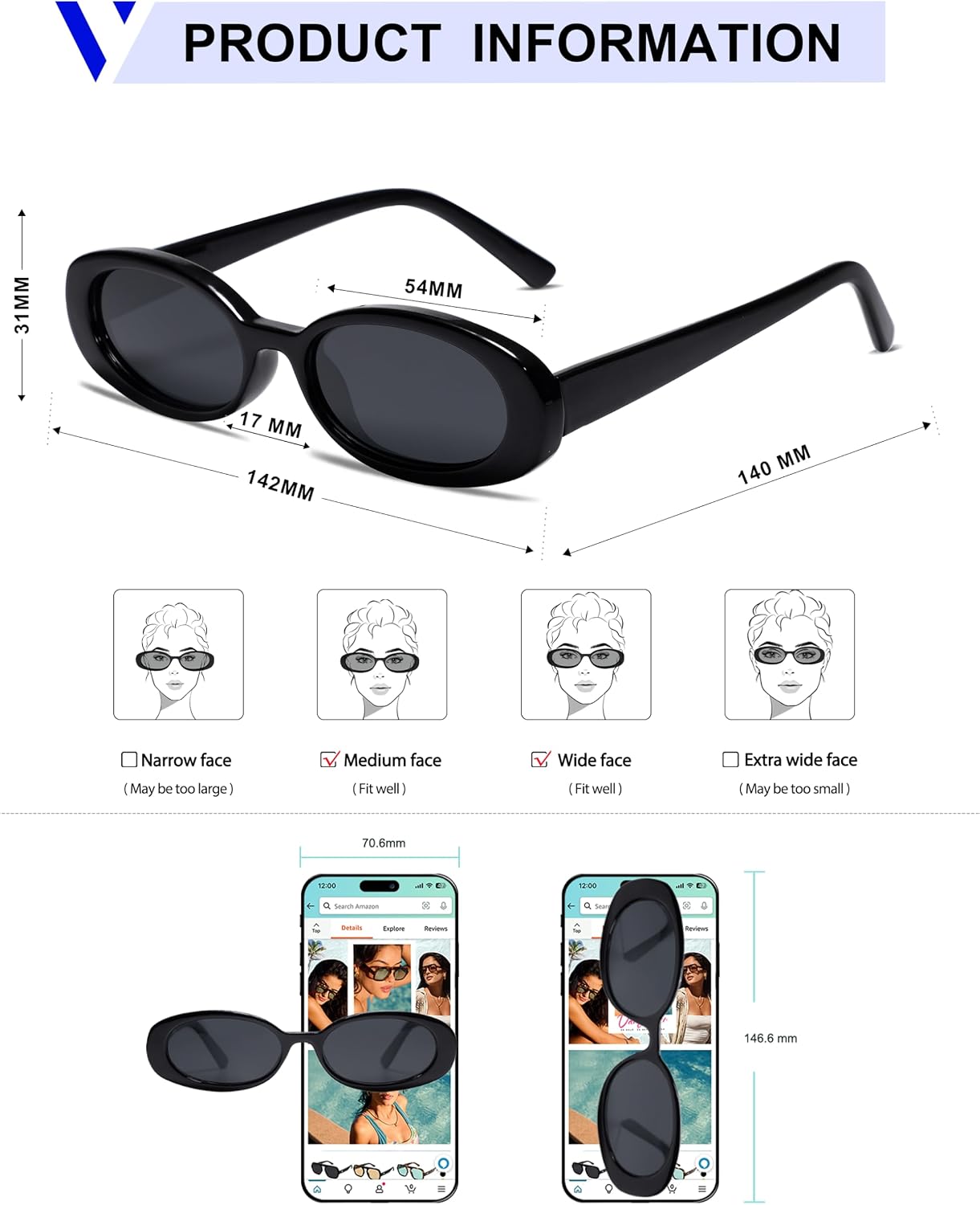 Polarized Retro Oval Sunglasses for Women Men Small 90s VL9580 | Narrow Trendy Vintage Shades for Everyday Outfits