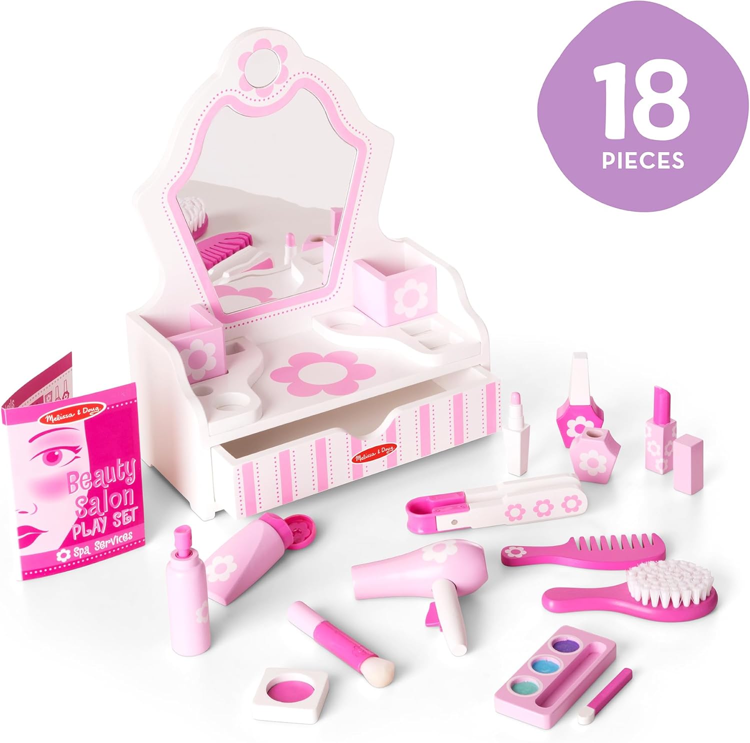 Melissa & Doug Wooden Beauty Salon Play Set, 18-Piece Vanity with Pretend Play Toys, Makeup, Mirror, Accessories &