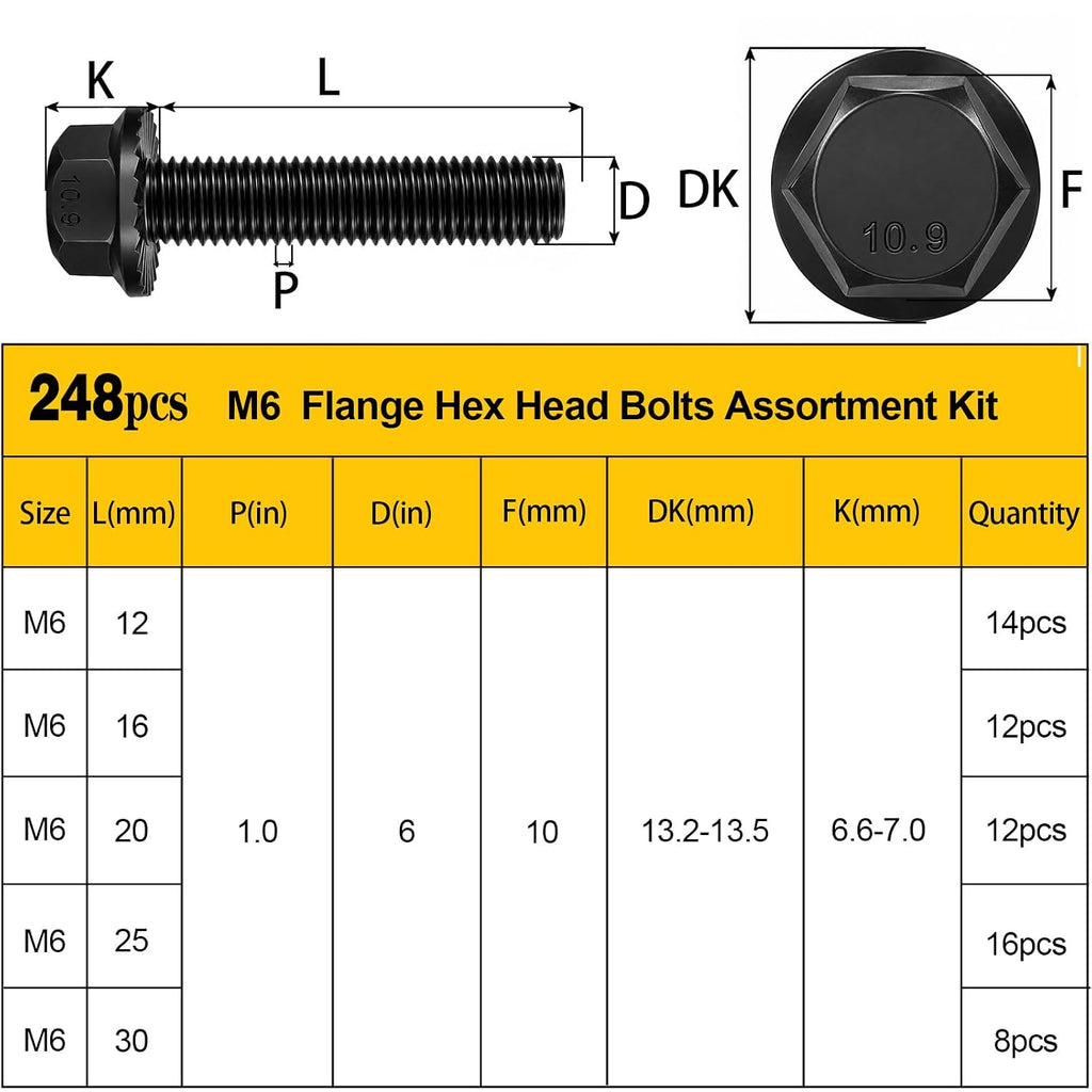 248PCS M6 Flange Hex Bolt Assortment Kit, M6-1.0 x 12/16/20/25/30 mm