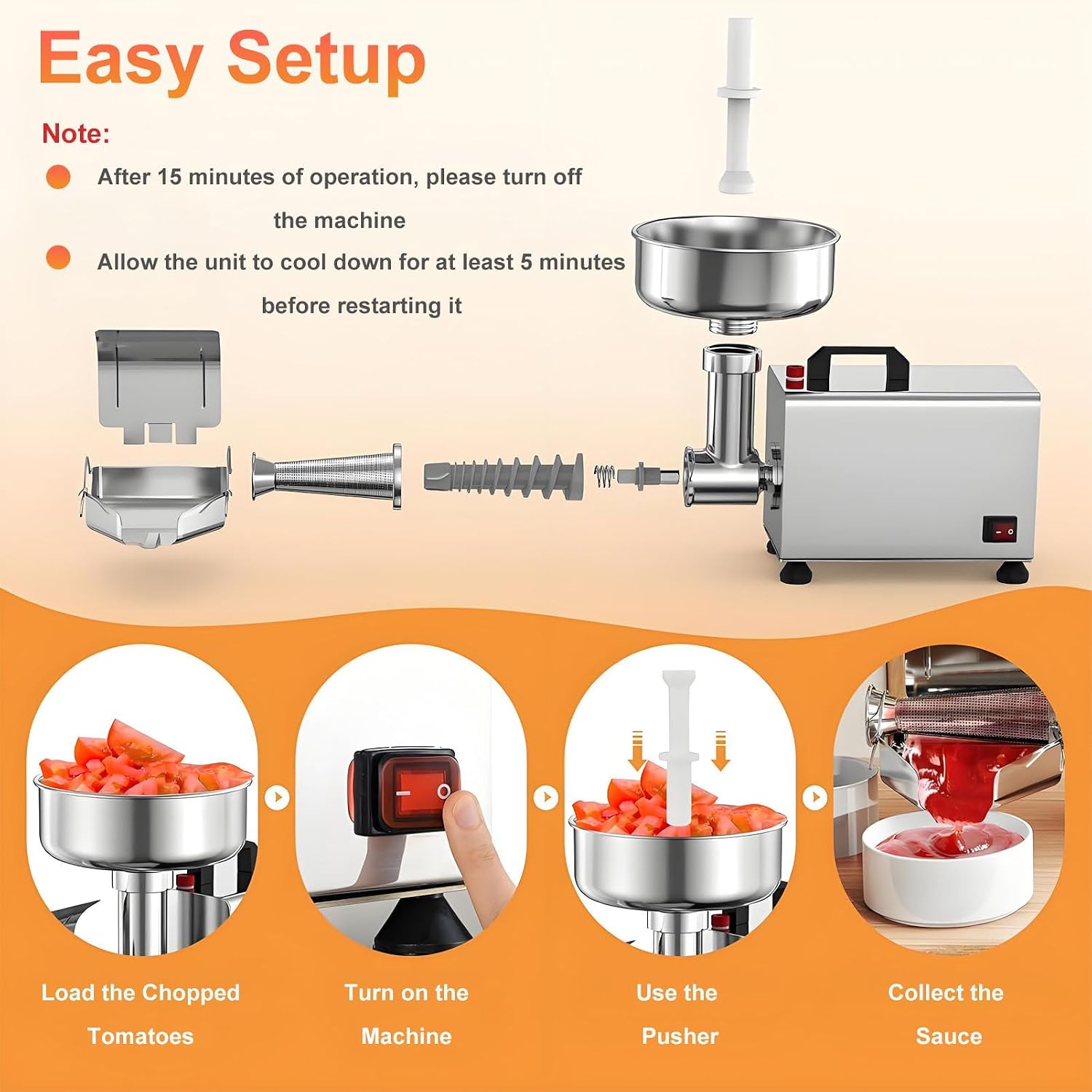 Electric Food Mill for Tomato Sauce,110-350 lbs/h Output, Commercial Grade Tomato Strainer with Funnel, 304 Stainless