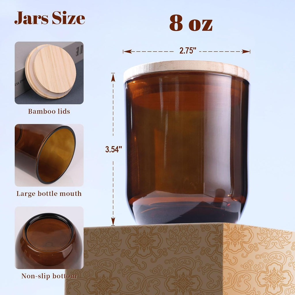 12PCS 8oz Amber Glass Candle Jars with Lids - Premium Candle Making Kit, Airtight Candle Vessels with Lids for