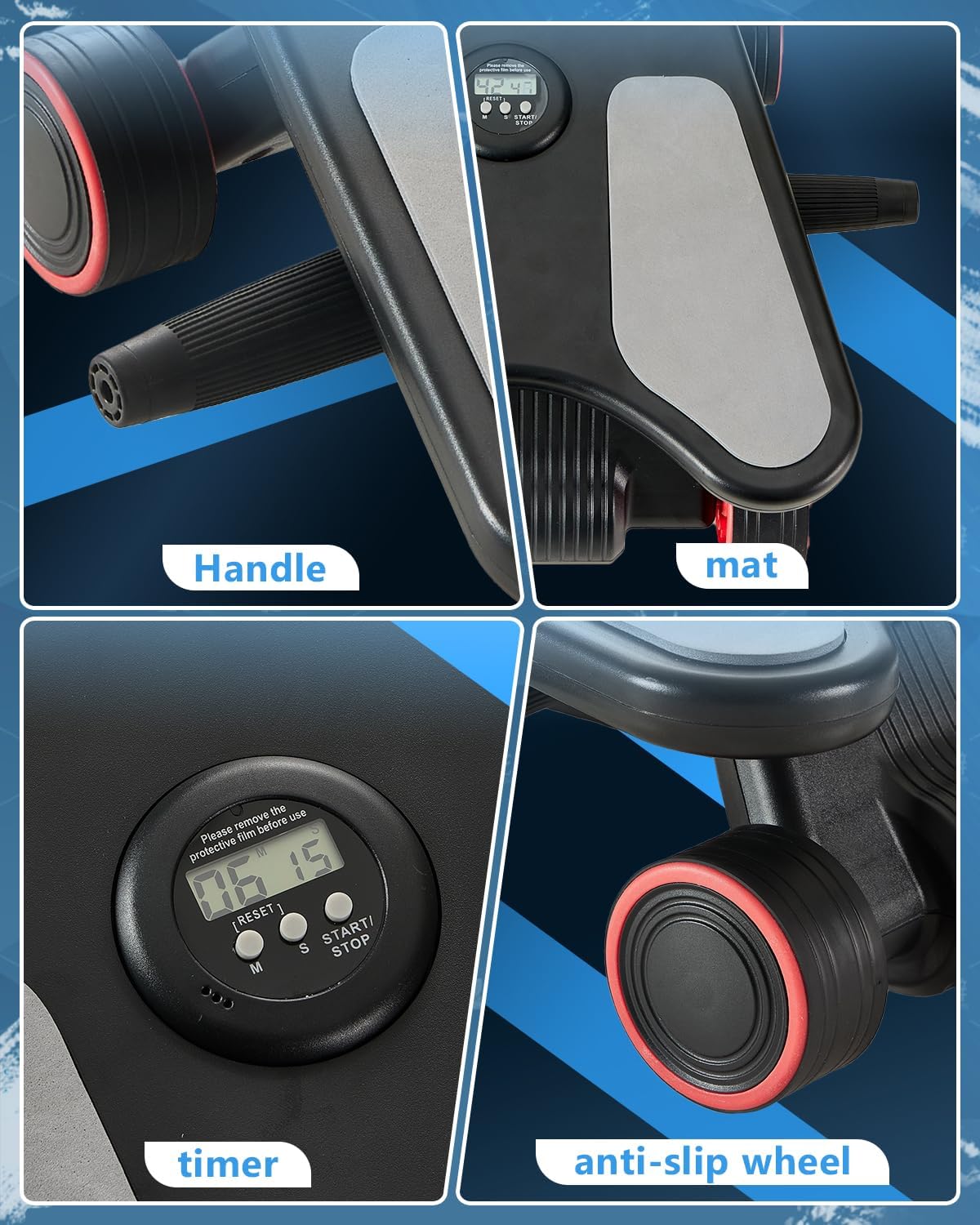 Ab Roller Wheel, Ab Roller, Upgraded Automatic Rebound Ab Roller with Elbow Support, Knee Mat & Timer, 4 Wheels Ab