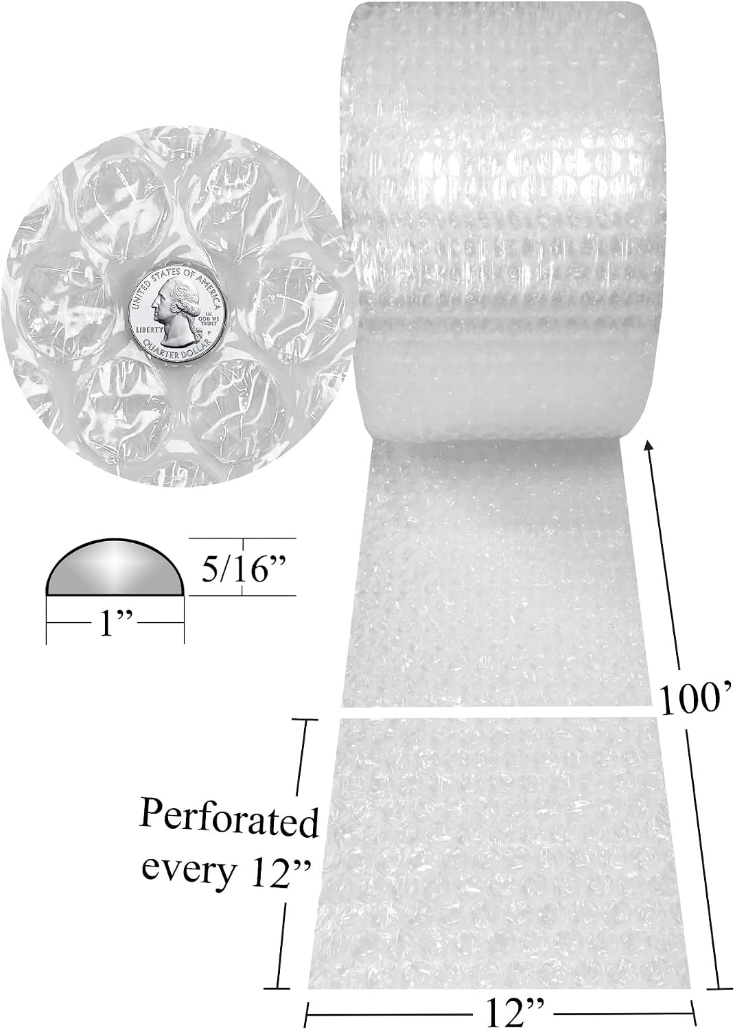 Medium 5/16-Inch Bubble Cushioning Wrap Roll, 100-Foot by 12-Inch, Bubble Packing Wrap For Moving, Packing & Storage