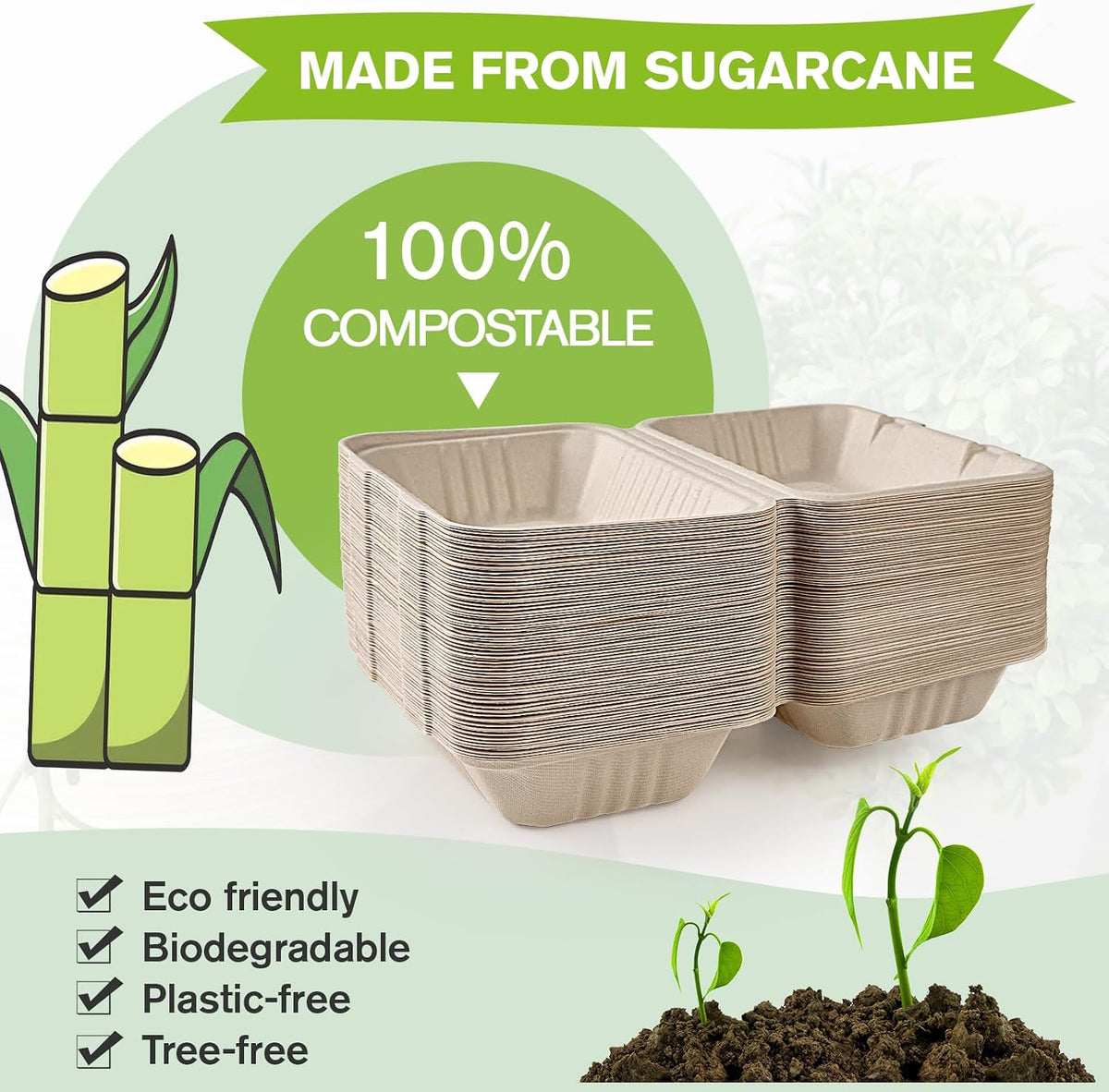 500 Pack Compostable Clamshell Take Out Food Containers, 9x6 inch