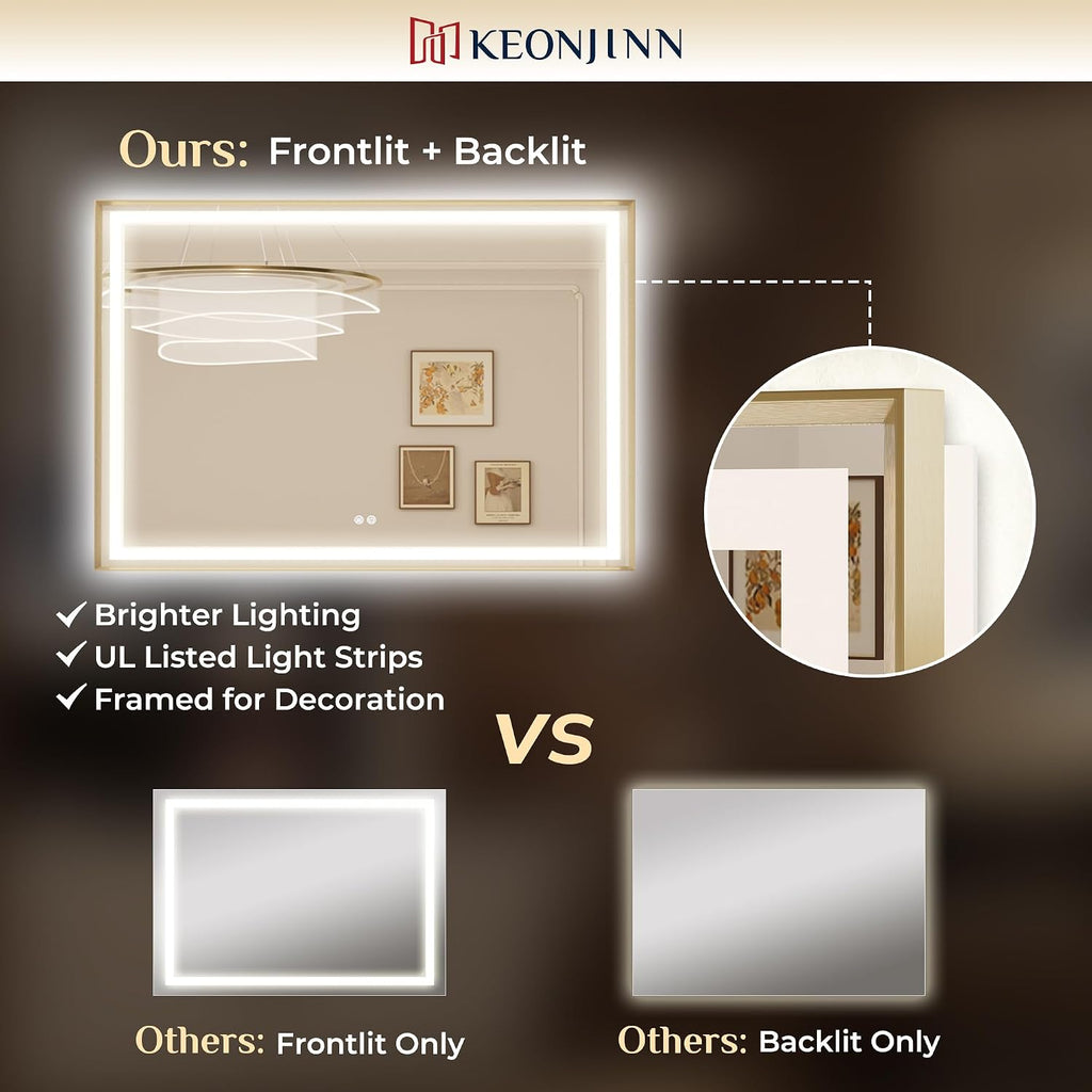 24x30 Inch Gold LED Bathroom Mirror with Light, Frontlit & Backlit | Beveled Edge, Lighted Bathroom Mirror, HD