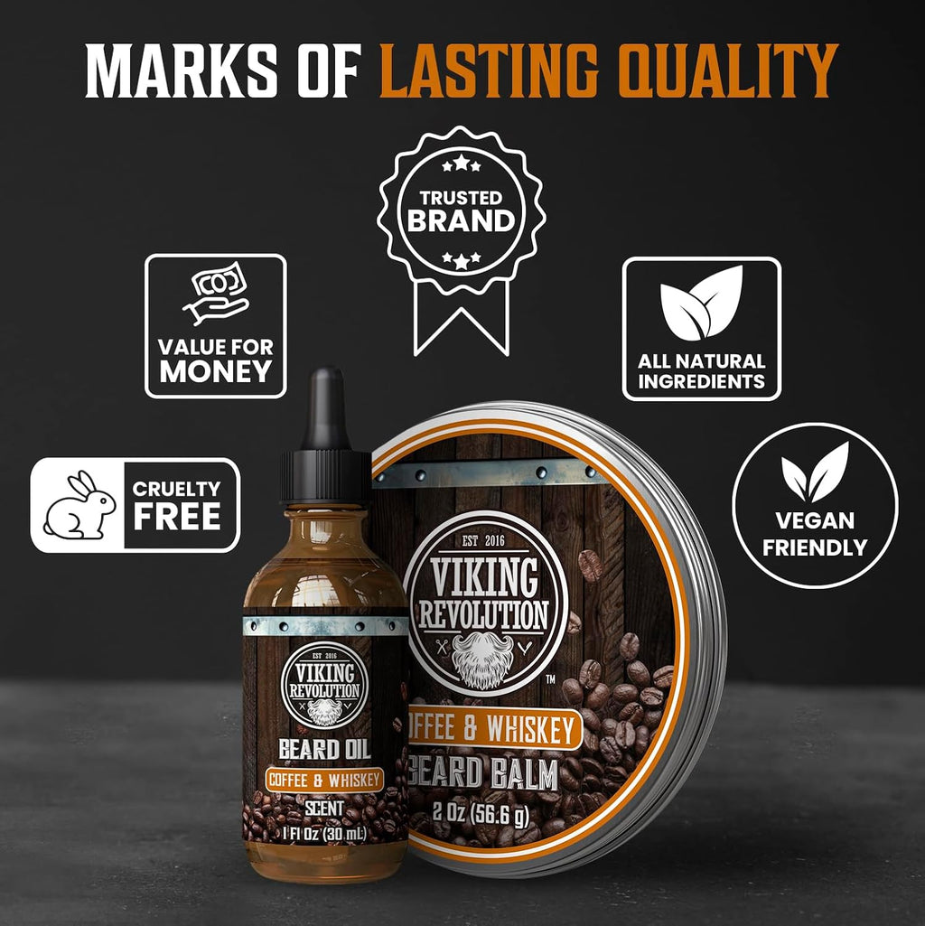 Coffee and Whiskey Beard Balm for Men (2oz) and Beard Oil (1 fl oz) Kit - With Argan and Jojoba Oils - Soften and