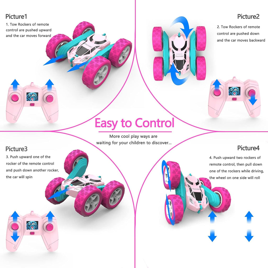 Pink Remote Control Car for Girls, 360° Flipping Stunt Car with LED Headlights, Rechargeable 4WD Electric Toy