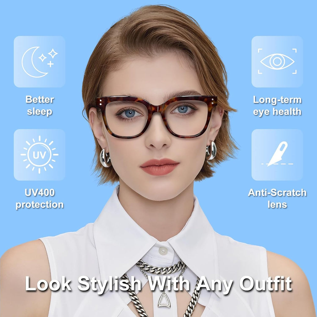 Women Blue Light Blocking Glasses, Oversized Computer Screen Eyewear | 3 Pack Fashion TR90 Computer Eyewear with