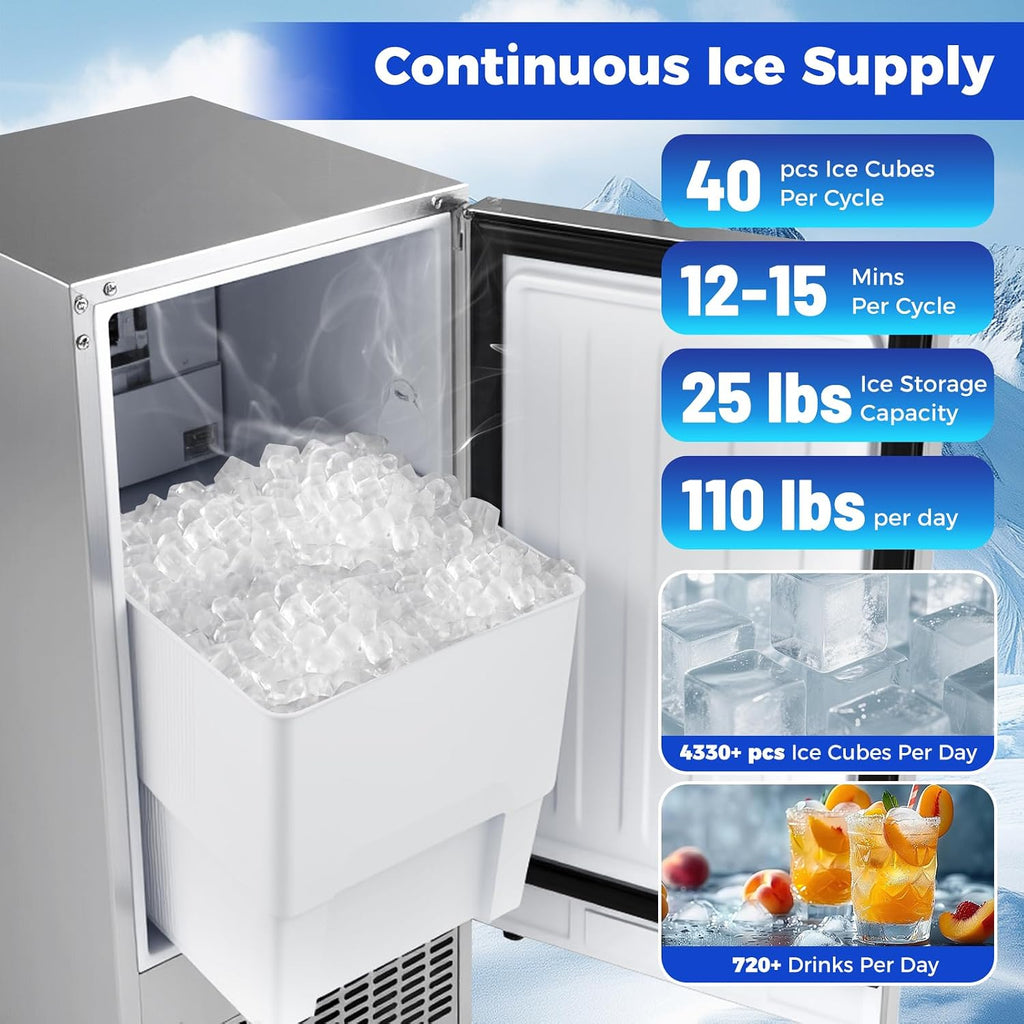 15" Under Counter Commercial Ice Maker, 110Lbs/24H Cube Ice, Silver