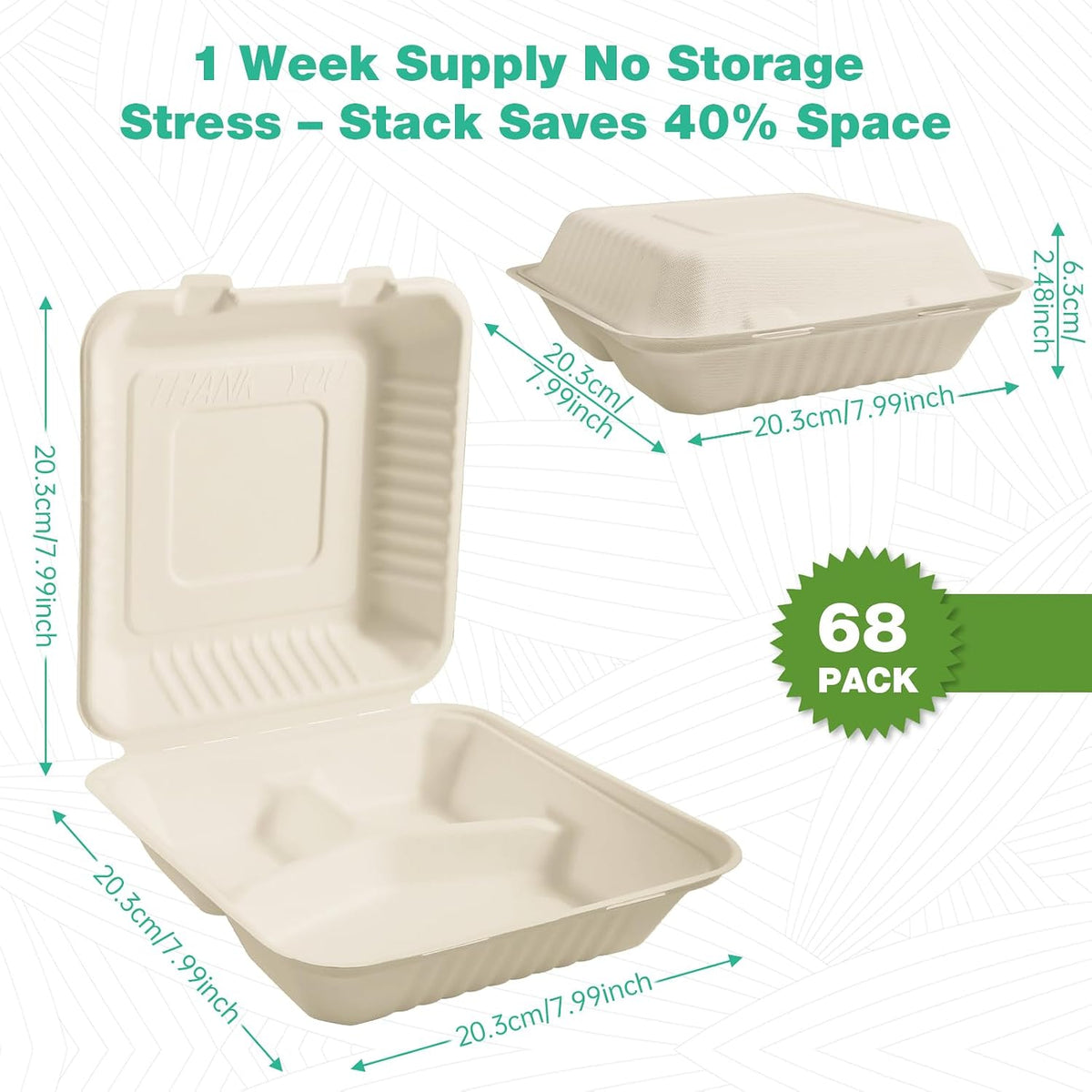 8x8 Inch 68 Pack 3-Compartment Clamshell Take Out Food Containers, Compostable Disposable Paper To Go Boxes with