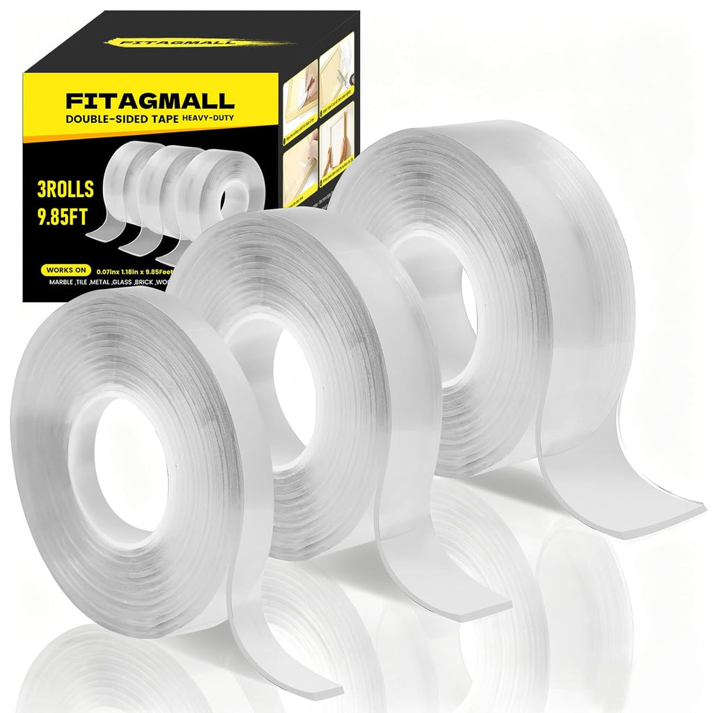 Nano Double Sided Tape Heavy Duty, 3 Rolls Mixed Width 0.39/0.79/1.18 Inch, Total 29.55FT Removable Clear Mounting