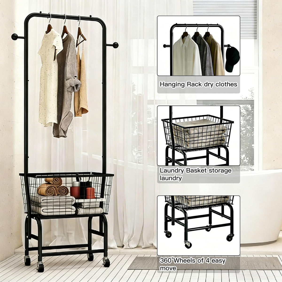 Laundry Basket With Wheels Rolling Laundry Cart with Hanging Rack