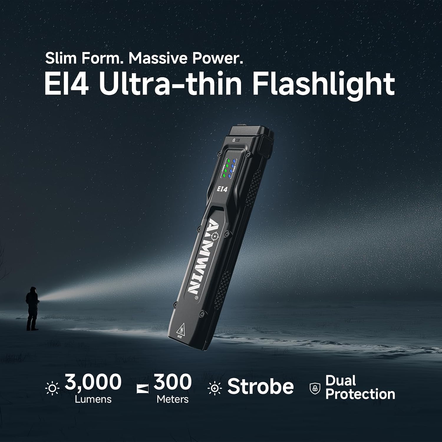 EI4 Flat EDC Flashlight 3000 Lumens Ultra Bright USB-C Rechargeable Slim Pocket Light 300M Long Throw Tactical