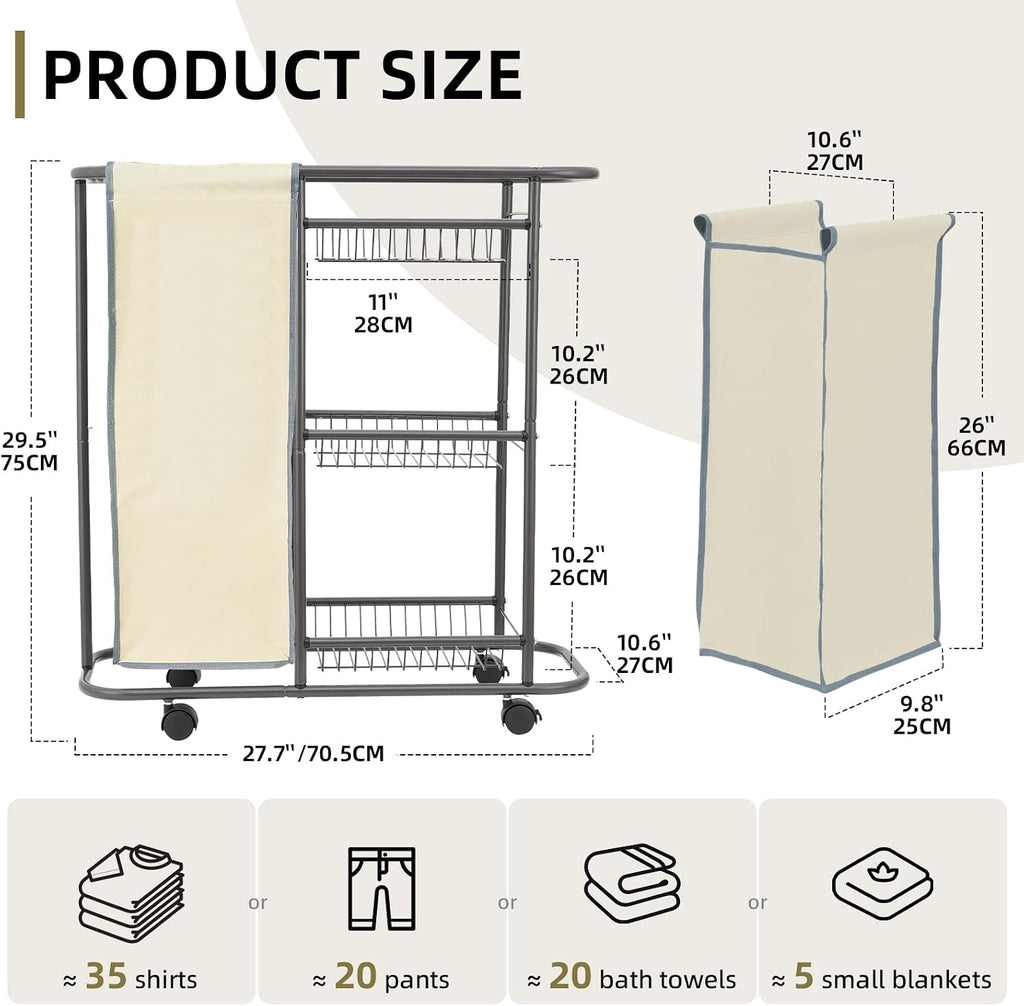Rolling Laundry Basket with Wheels and Handle,3 Storage Baskets, 45 L Bag | Heavy Duty Laundry Cart, Space Saving