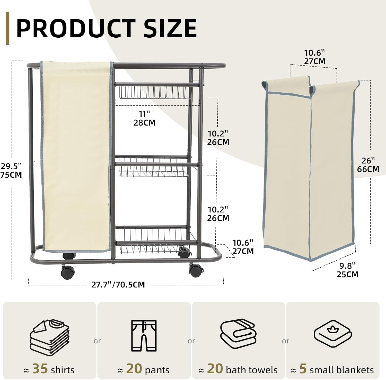 Rolling Laundry Basket with Wheels and Handle,3 Storage Baskets, 45 L Bag | Heavy Duty Laundry Cart, Space Saving
