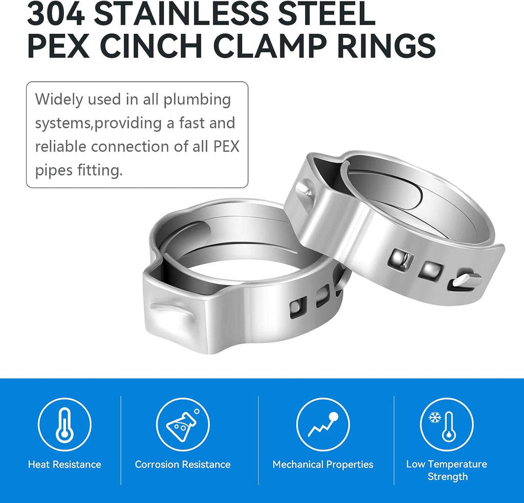 100 Pack GUOFIS 1/2"Pex Clamp Rings,304 Stainless Steel(CLAMP016-100)
