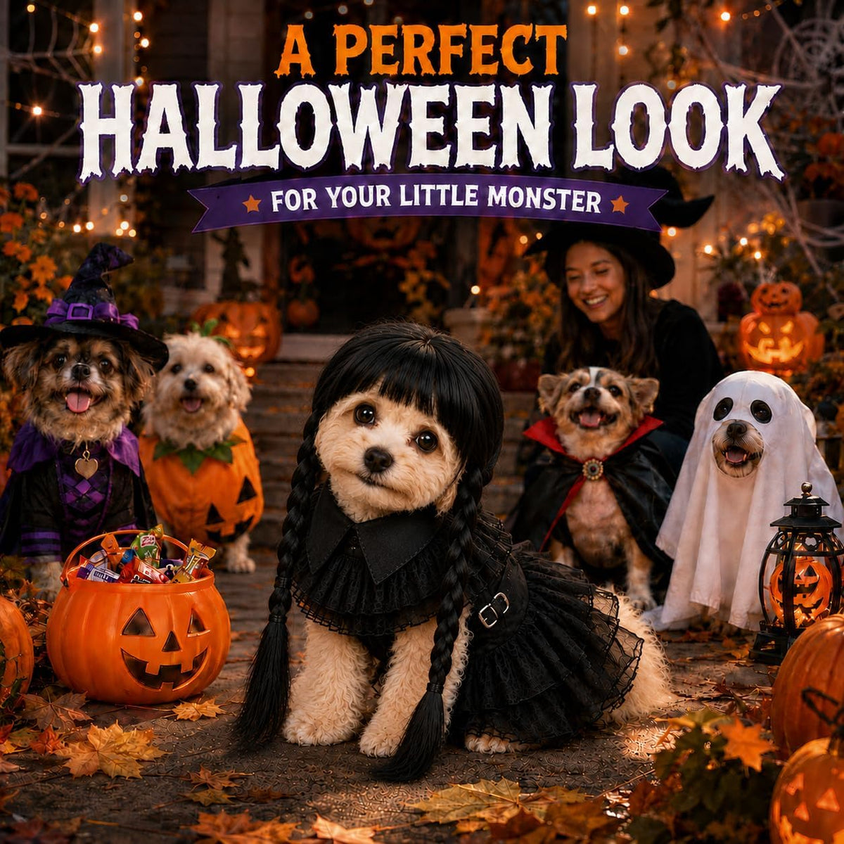 Halloween Dog Costumes - 3 Pcs Puppy Cute Pet Black Dress & Wig, Small