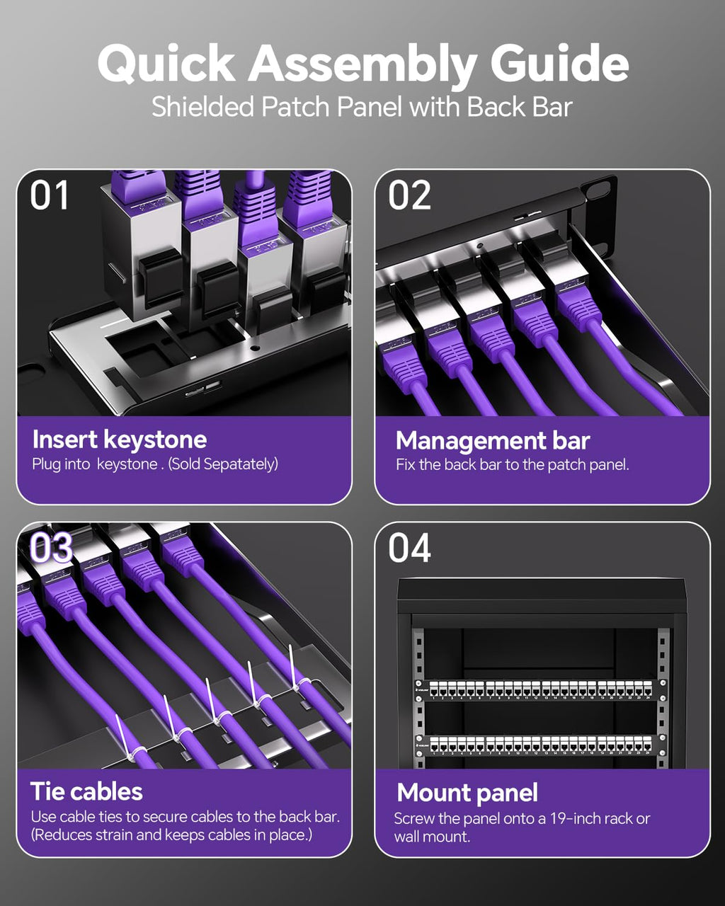 24 Port Shielded Cat6A Keystone Patch Panel, 1U 19-Inch All Metal | With Inline Keystone Coupler and Cable Management