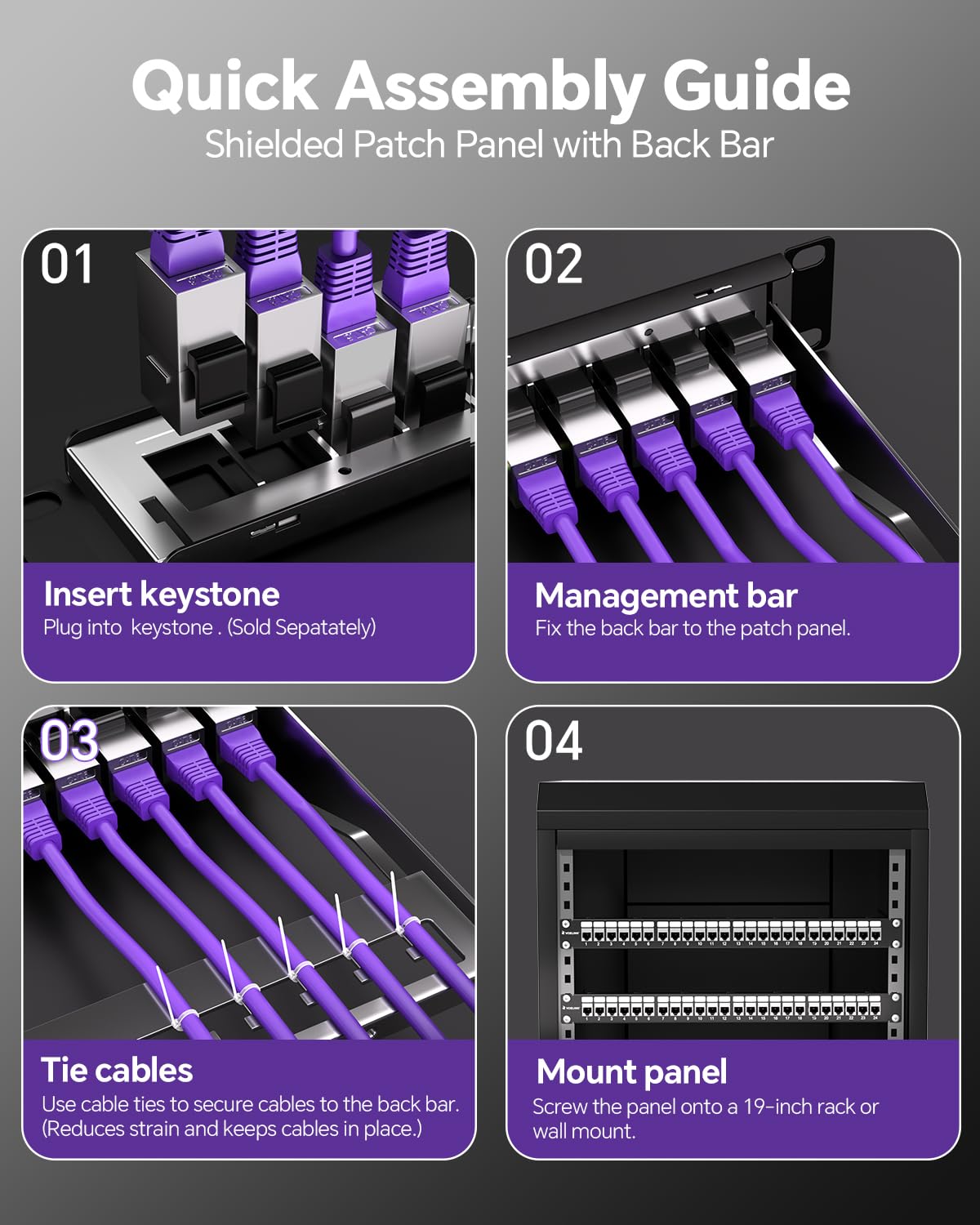 24 Port Shielded Cat6A Keystone Patch Panel, 1U 19-Inch All Metal | With Inline Keystone Coupler and Cable Management