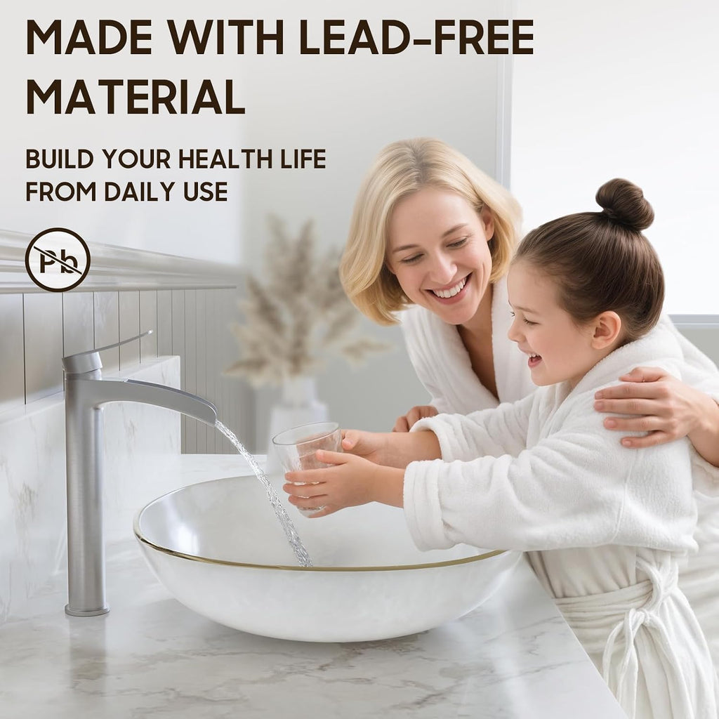 Brushed Nickel Tall Bathroom Vessel Sink Faucet, Single Hole Single Handle Waterfall Modern Above Countertop Sink