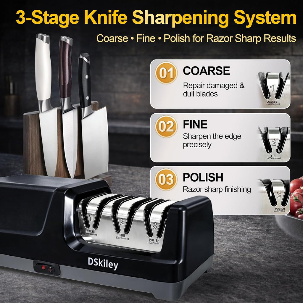 Electric Knife Sharpener for Kitchen – Professional 3-Stage 100% Diamond System with 20° Precision Angle, Fast