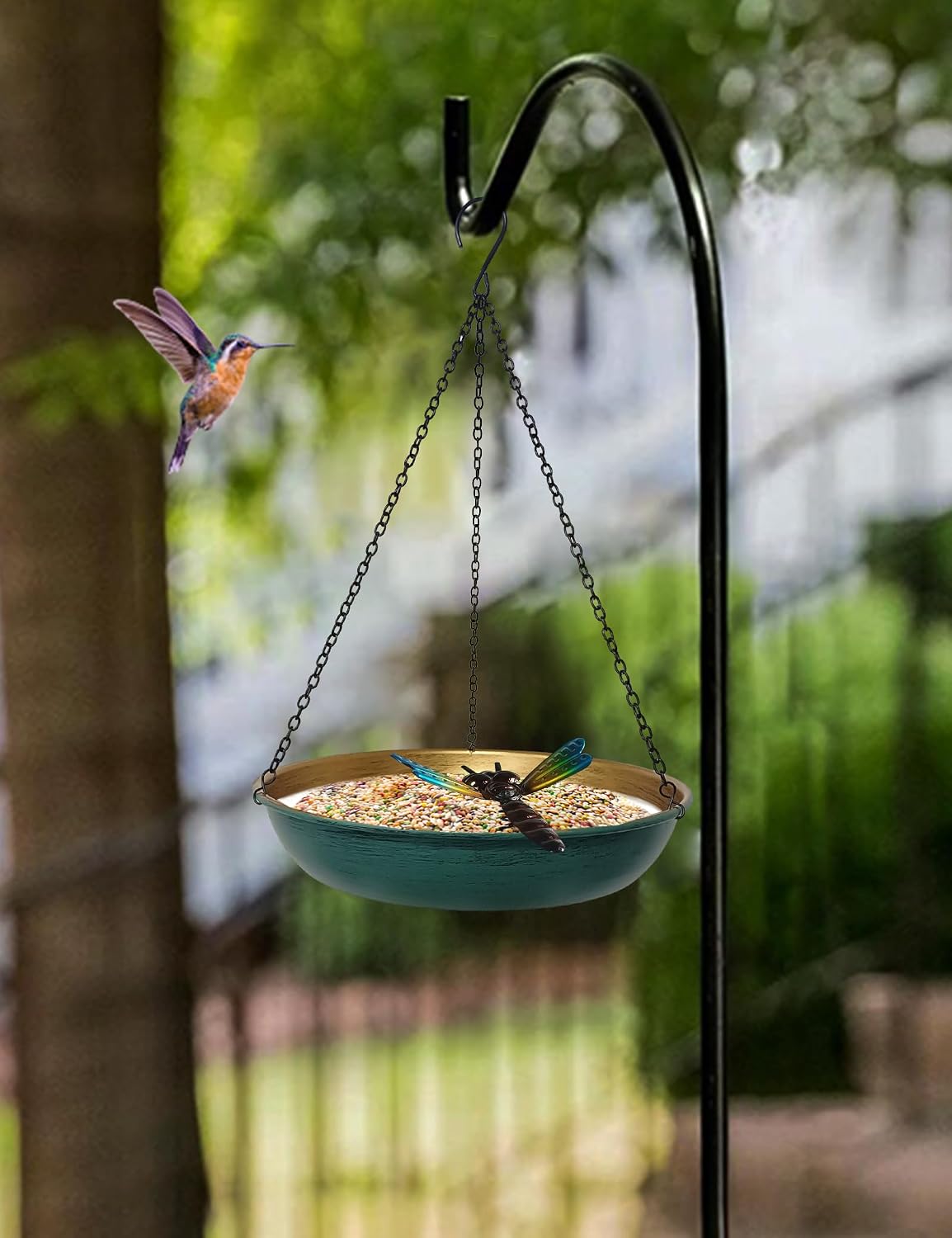 Hanging Bird Bath & Feeder Outdoor, 11 in Green/Bronze Metal Birdbath Bowl