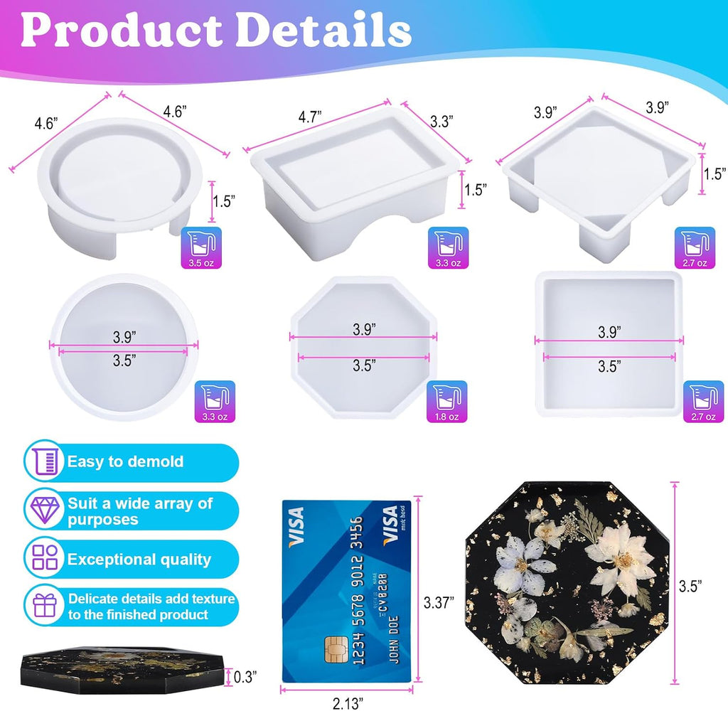 18 Pcs Coaster Resin Molds Silicone, Coaster Molds | with Round Square Octagon Shape Holder Molds for Epoxy Resin