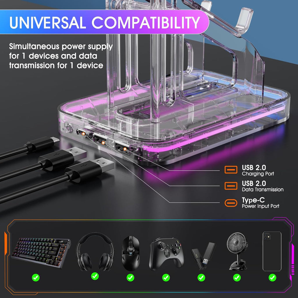 Gaming Headphones Stand, RGB Headset Stand with 2 USB Charging Ports, Dual Controller Holder with Light Modes