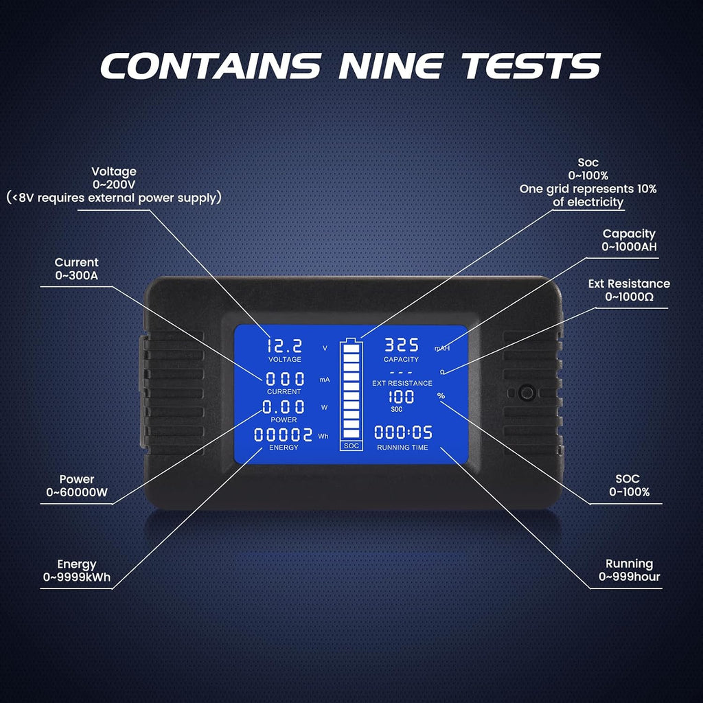 DC Multifunction Battery Monitor Meter with Shunt,0-200V,0-300A, LCD Display Digital Current Multimeter Voltmeter