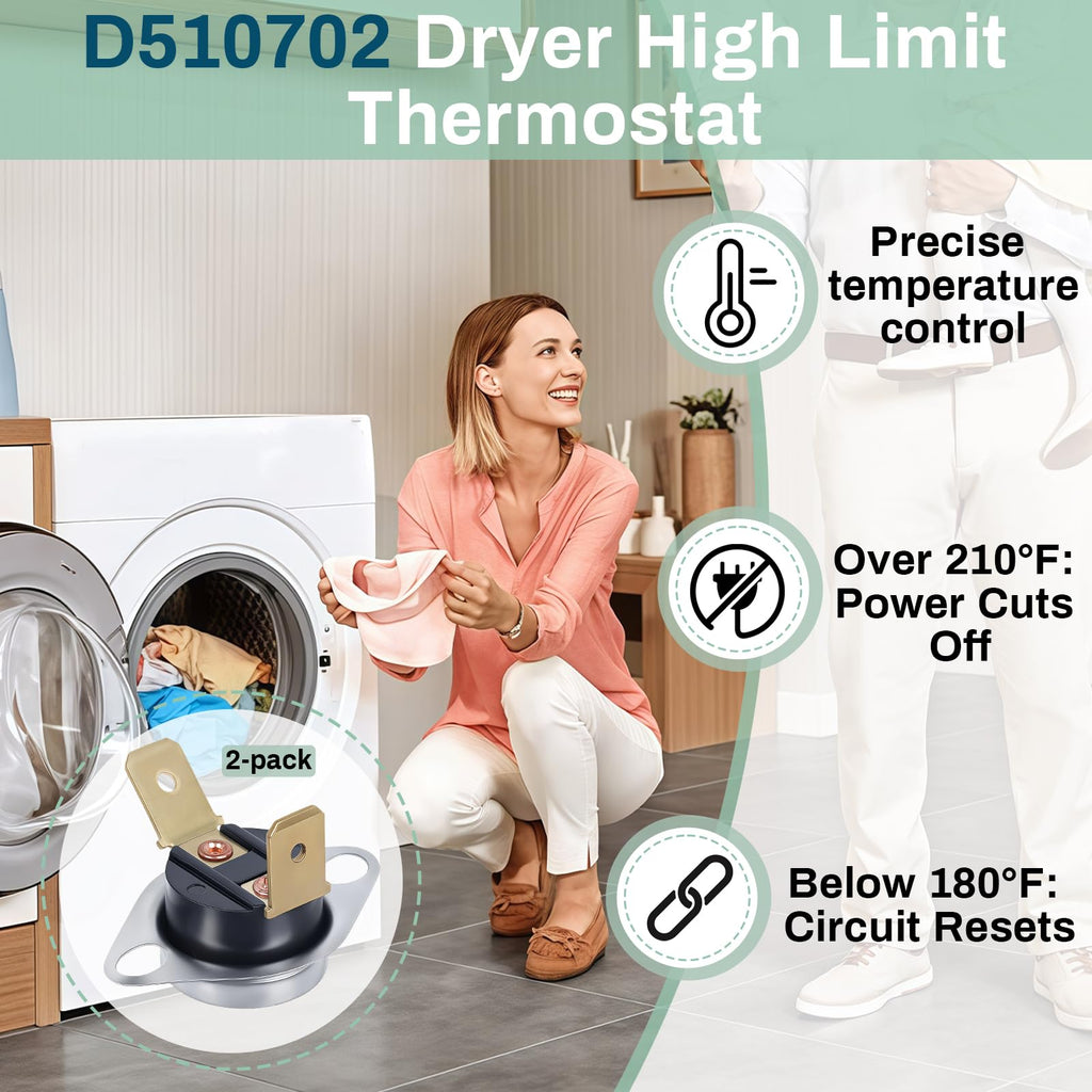 2 Pcs D510702 Dryer High Limit Thermostat, Compatible with Speed Queen