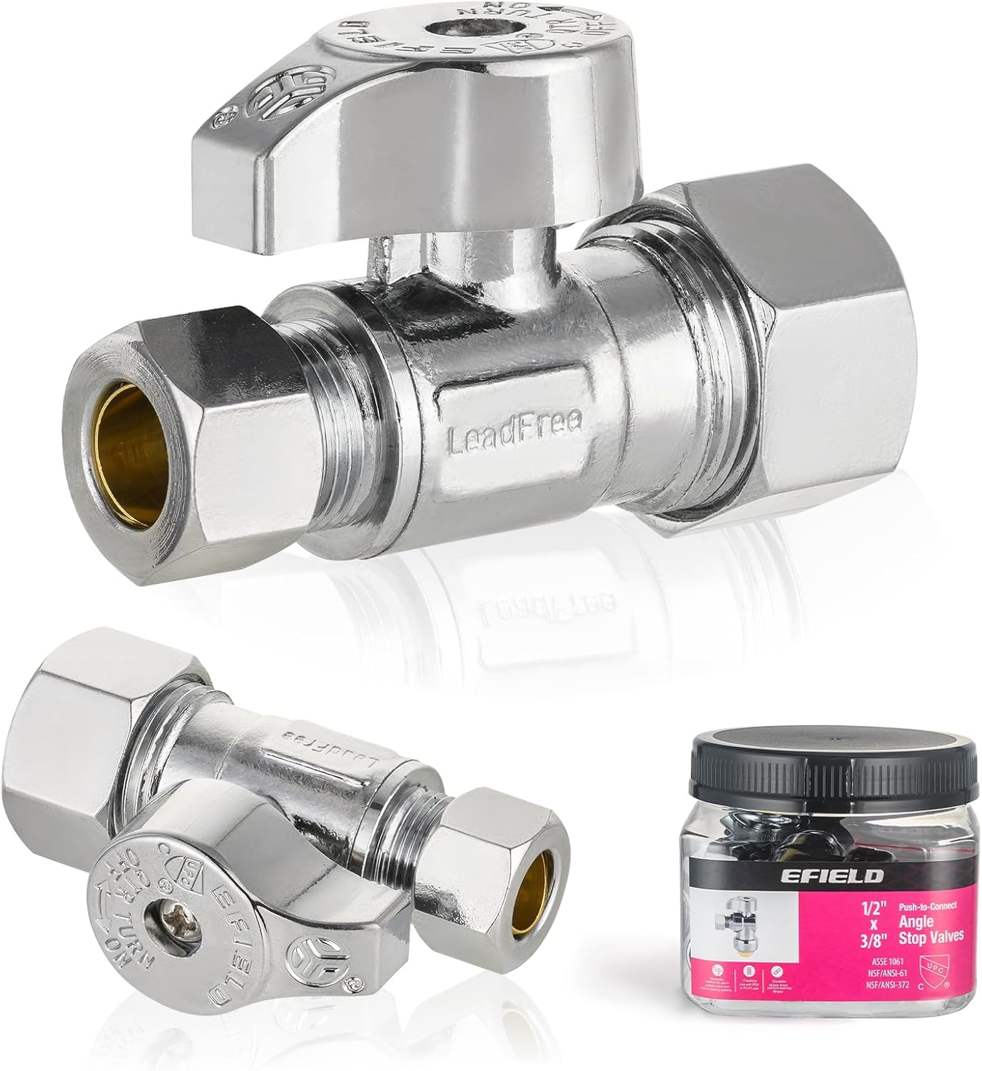 Pro 4PCS EFIELD 1/4 Turn Compression Straight Stop Valve | 1/2" Nominal (5/8" OD) Compression x 3/8" OD Water Shut